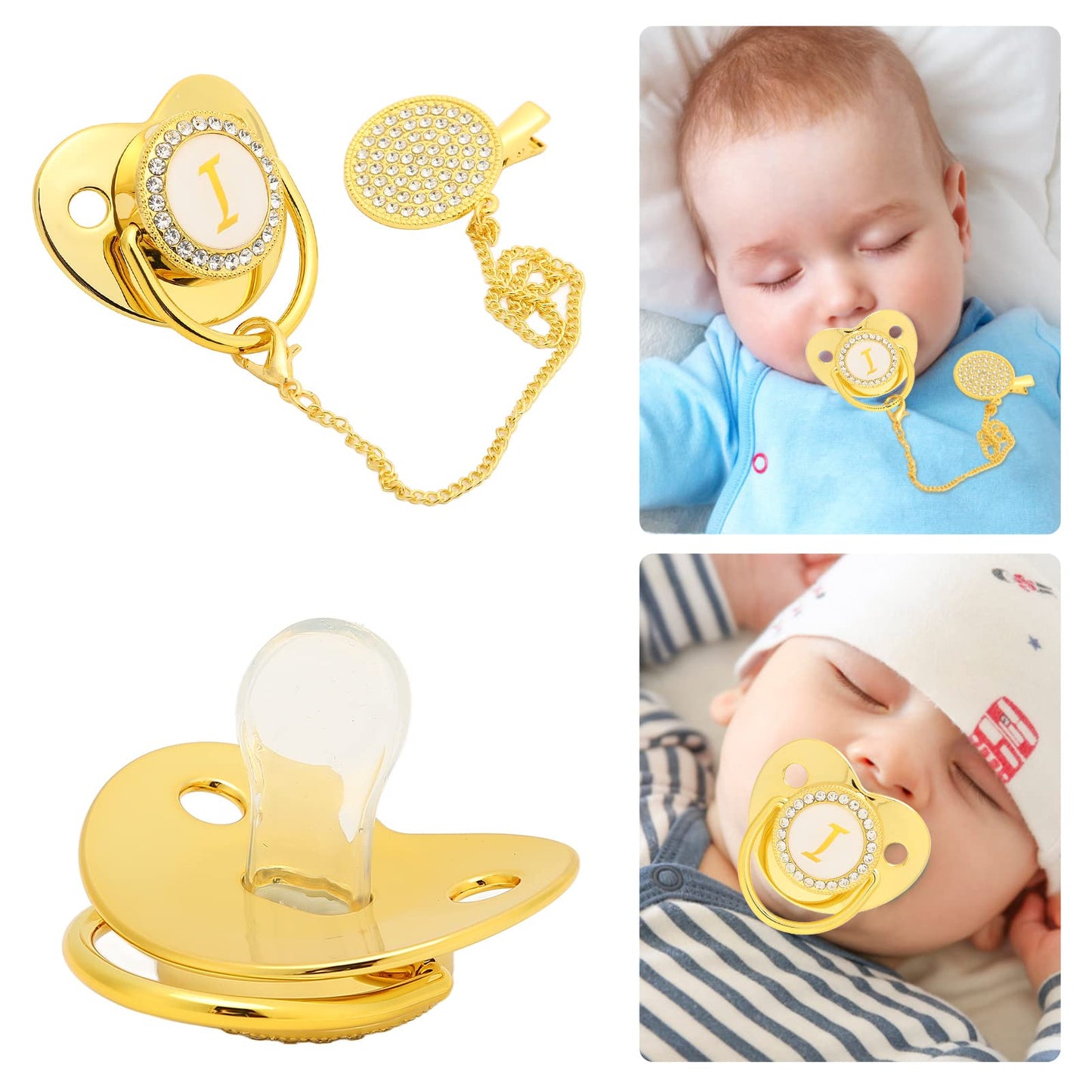 Chupete Dorado para bebé con Diseño Curvo, Suave y Liviano para Bebés de 6 a 18 Meses, Materiales Seguros, Saludable y Conveniente con Diseño de 26 Letras (Letra i)