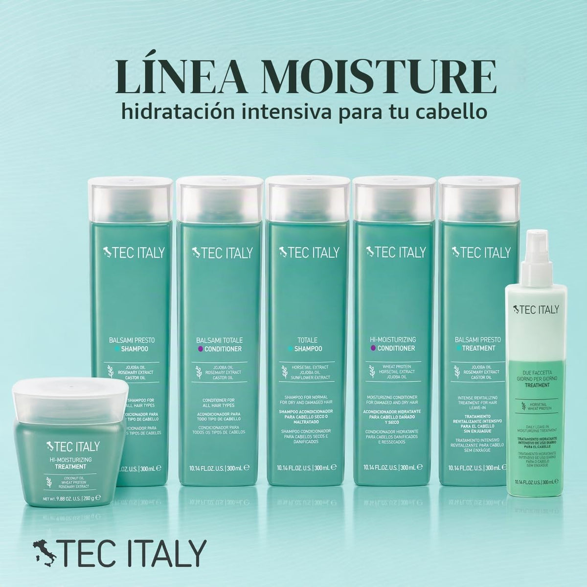 TEC ITALY Hi Moisturizing Shampoo Hidratante 300 ml | Limpieza Suave para Cabello Dañado y Reseco | Aporta Brillo y Máxima Suavidad | Libre de Sulfatos, Uso Diario Profesional