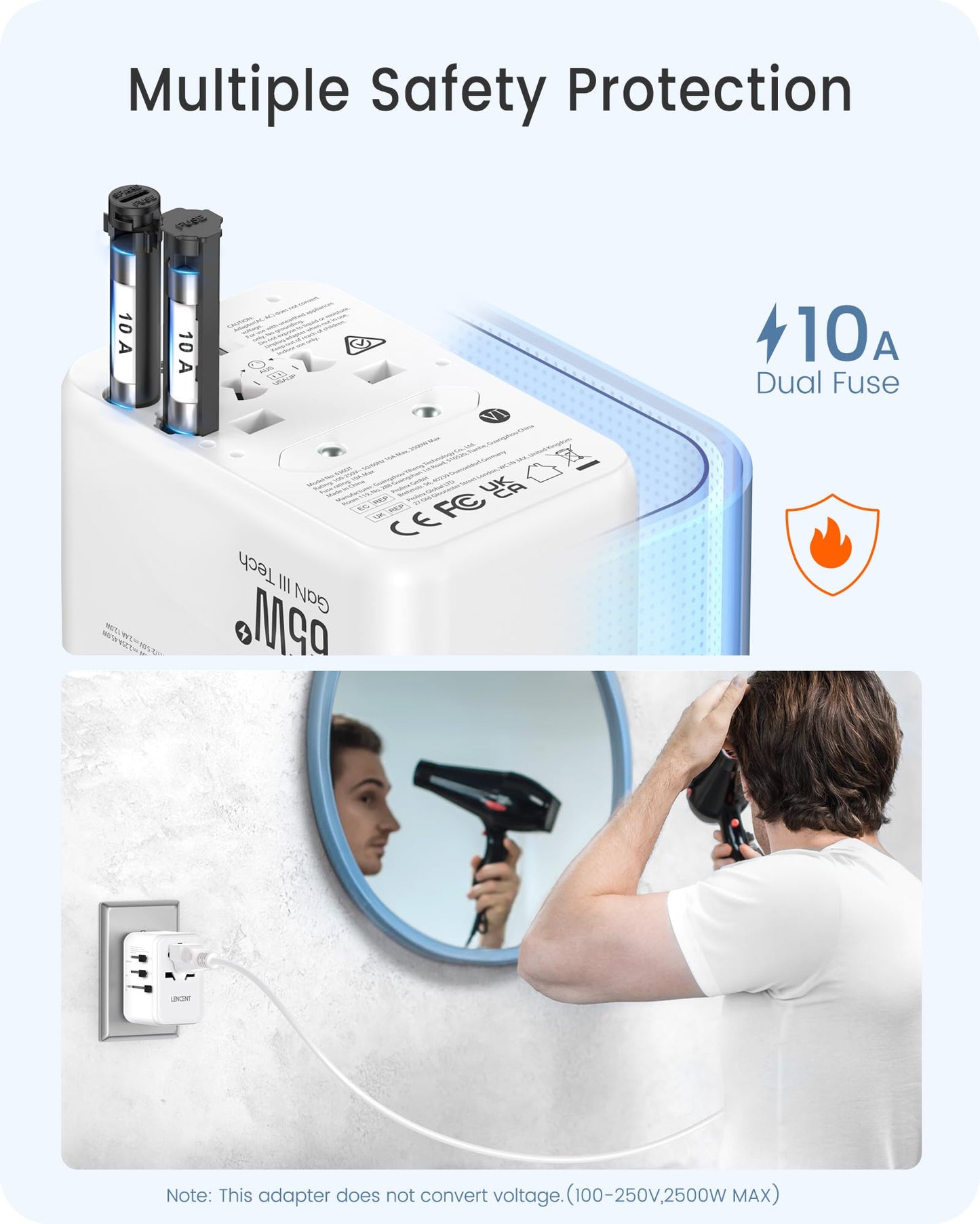 LENCENT Adaptador Universal de Viaje, GaN III 65W Cargador Internacional con 2 Puertos USB y 3 PD USB-C Carga Rápida, Adaptador Cargador Europeo con Enchufe Tipo A/C/G/I para USA/Europa/UK/AUS, Blanco