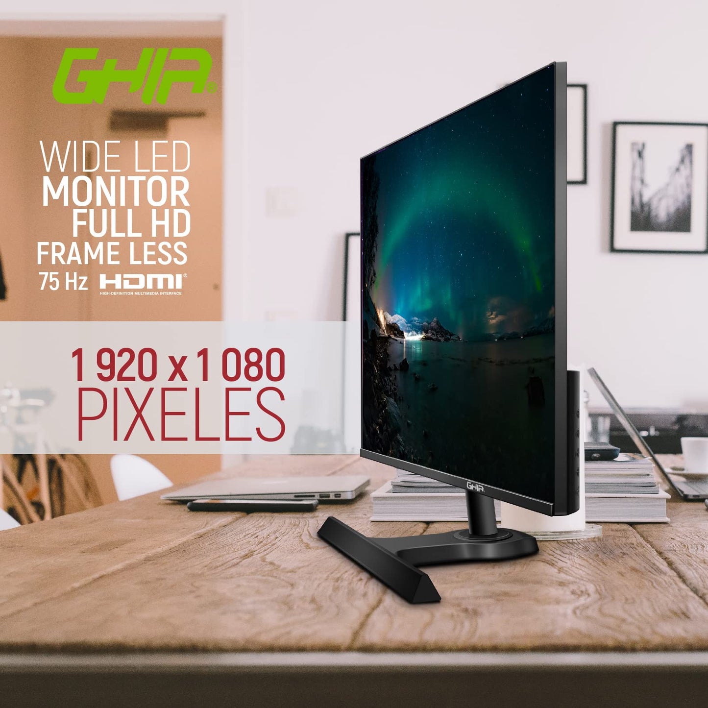 GHIA Monitor LED MG2721. Panel VA de 27" Pulgadas (68.58cm), Bisel ultradelgado,Full HD 1920 x 1080, 75 Hz, 5 ms, Conexiones HDMI y VGA, Bocinas integradas.