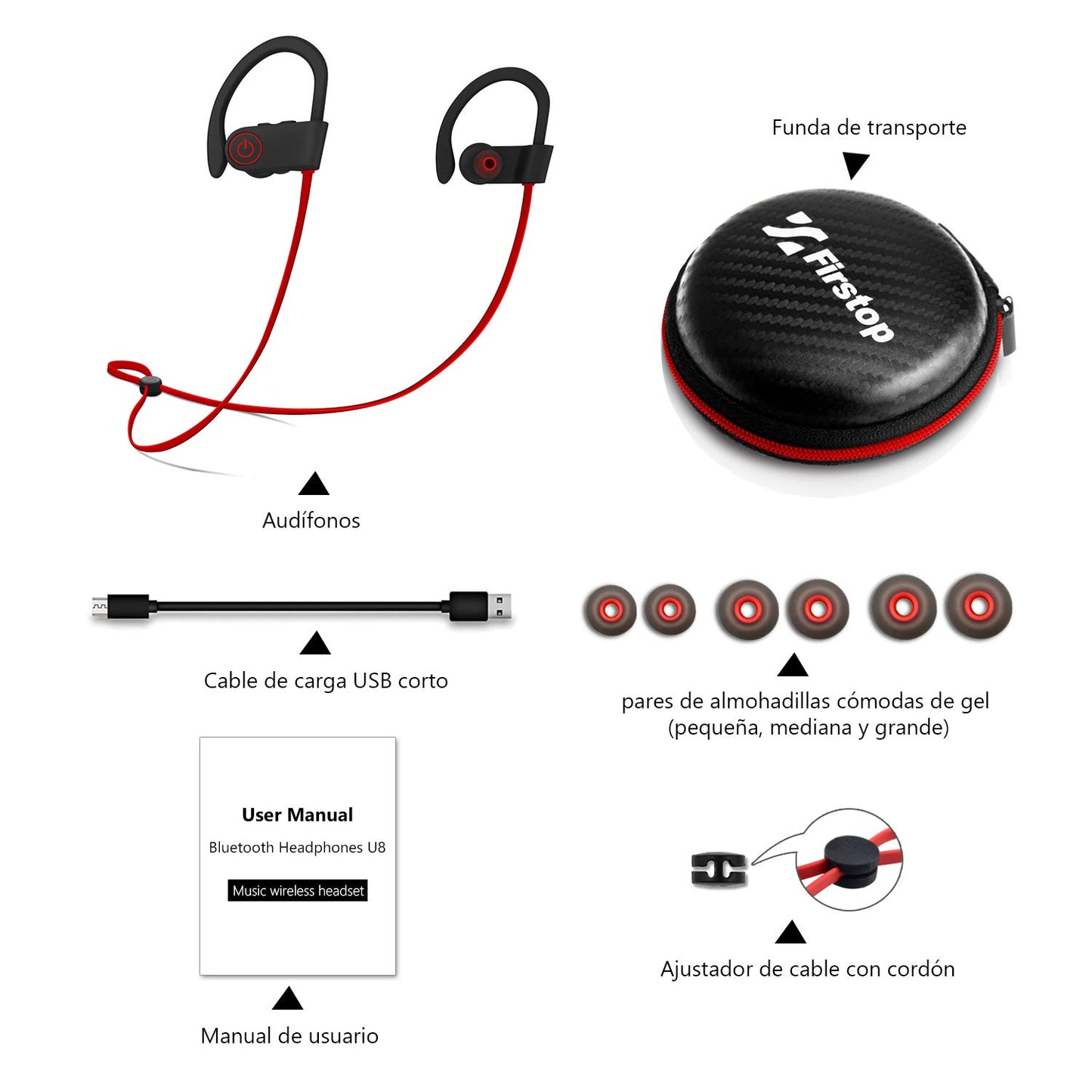 Firstop Auriculares Bluetooth, Audífonos Inalámbricos Impermeables IPX7, Auriculares con Reducción de Ruido y Ajuste Seguro para Deportes y Gimnasia, con Micrófono Incorporado(Rojo)