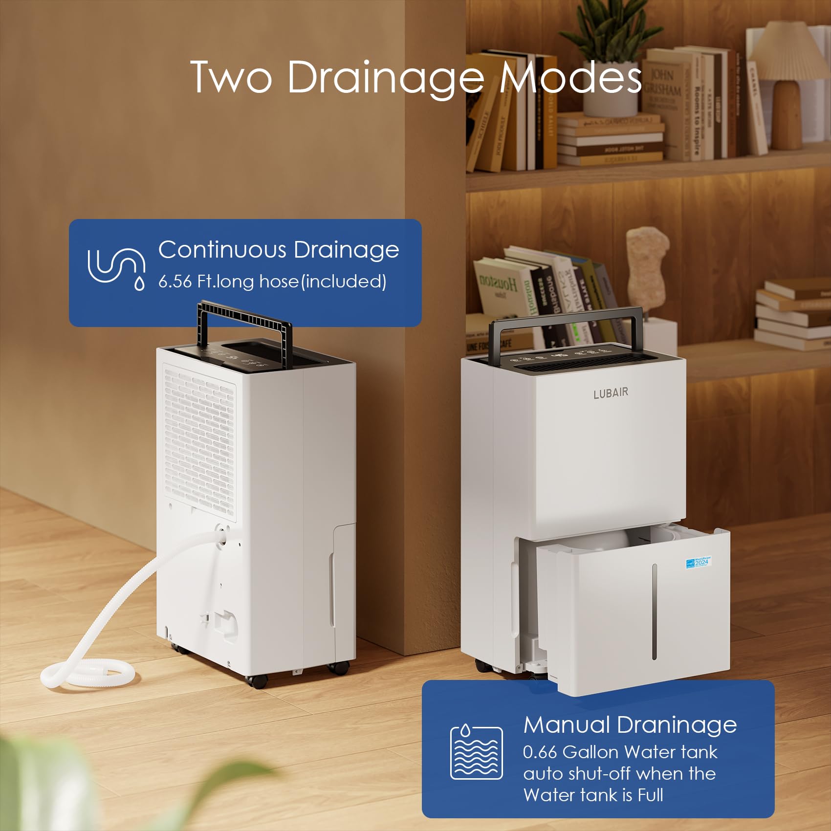 LUBAIR - Deshumidificador de 4500 pies cuadrados, 50 pintas, blanco, con drenaje automático o manual, control de humedad inteligente, para sótanos y hogar