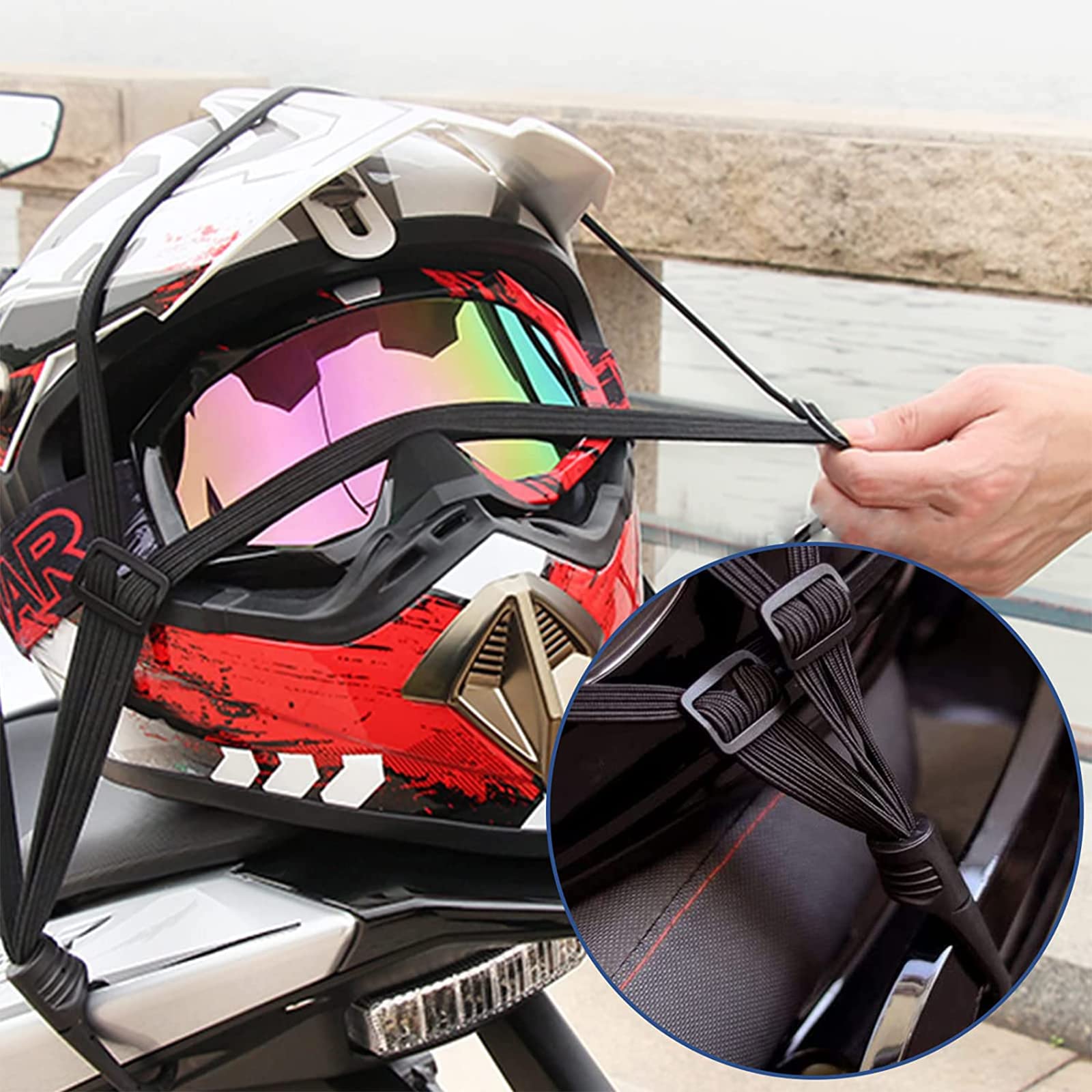 KIWOP 3 Piezas Redes para Motocicleta, 40x40 cm Redes para Casco de Motocicleta y un cordón para el Casco, Gran Elasticidad y Doble protección para tu Casco, Haciendo tu conducción más Segura.