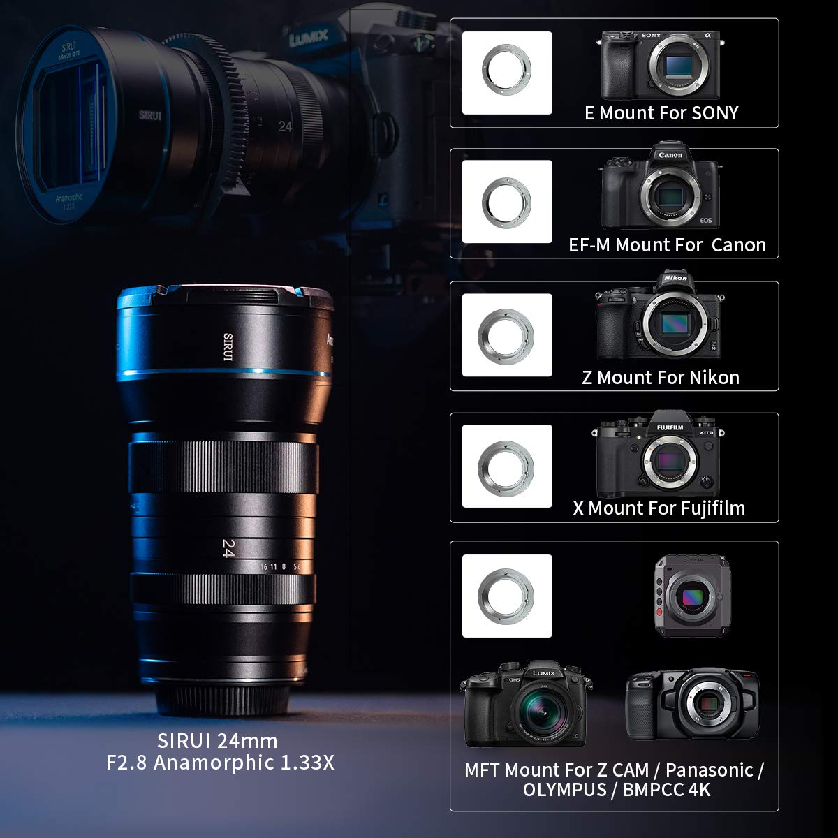 SIRUI Lente Anamórfica de 24 mm F2.8 1.33X APS-C Lente de cámara para Montaje MTT, Azul Flare