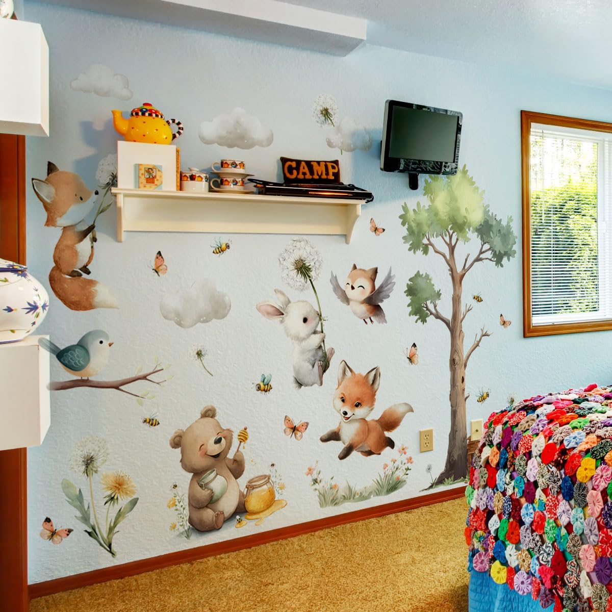 Calcomanías de pared de animales, lindas calcomanías para guardería, animales osos, flores, mariposas, pájaros, nubes, árboles, pelar y pegar, calcomanías de pared, guardería, recámara, sala de estar