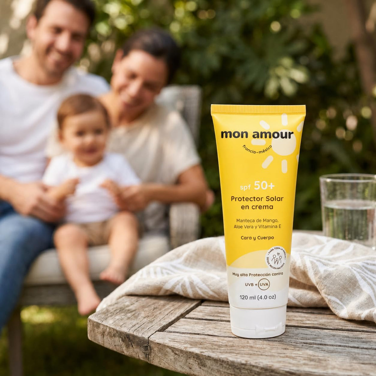 Mon Amour Protector Solar De Alta Protección SPF 50+ En Crema Para Cuerpo y Cara Con Activos Naturales de Manteca de Mango y Aloe Vera Para Pieles Delicadas De Bebés, Niños y Toda La Familia Desde Recién Nacidos 120 ML