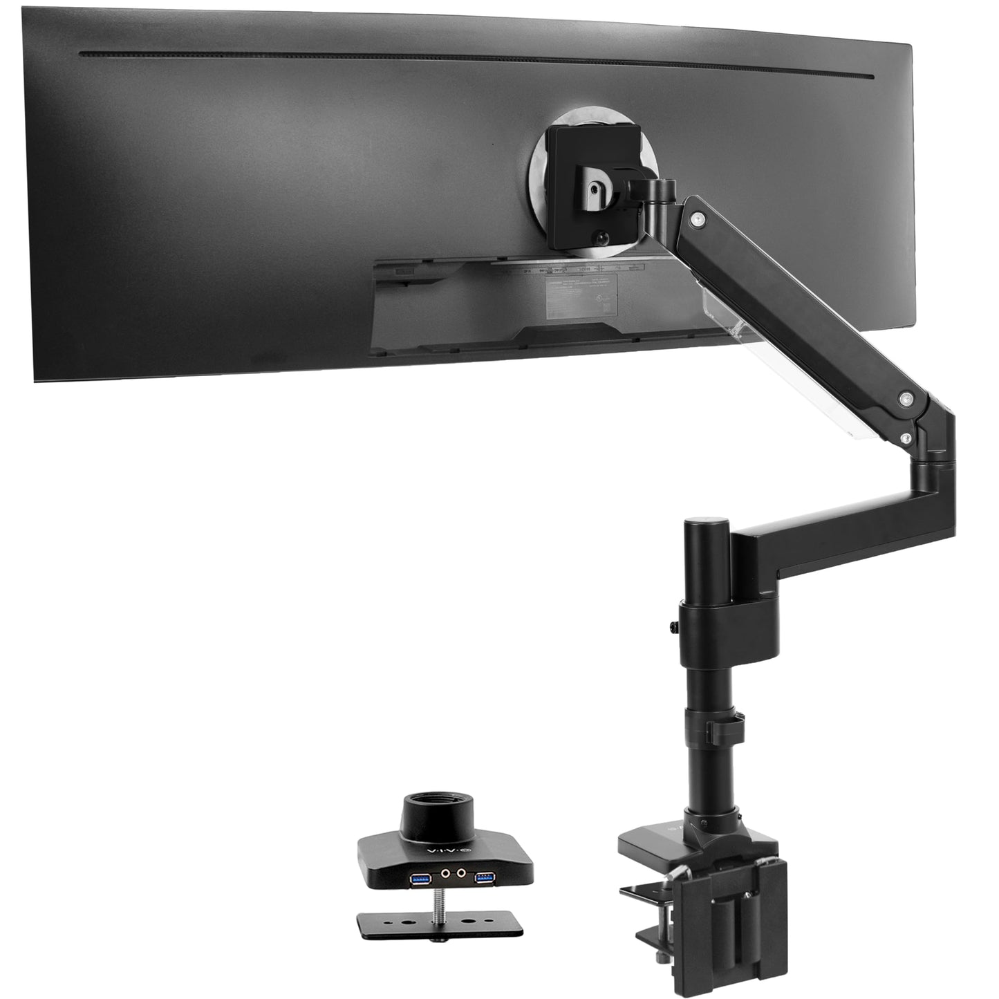 Brazo de Monitor de Aluminio Vivo Negro para Monitores Ultra Anchos 49 Pulgadas con Soporte USB y Ajuste Neumático
