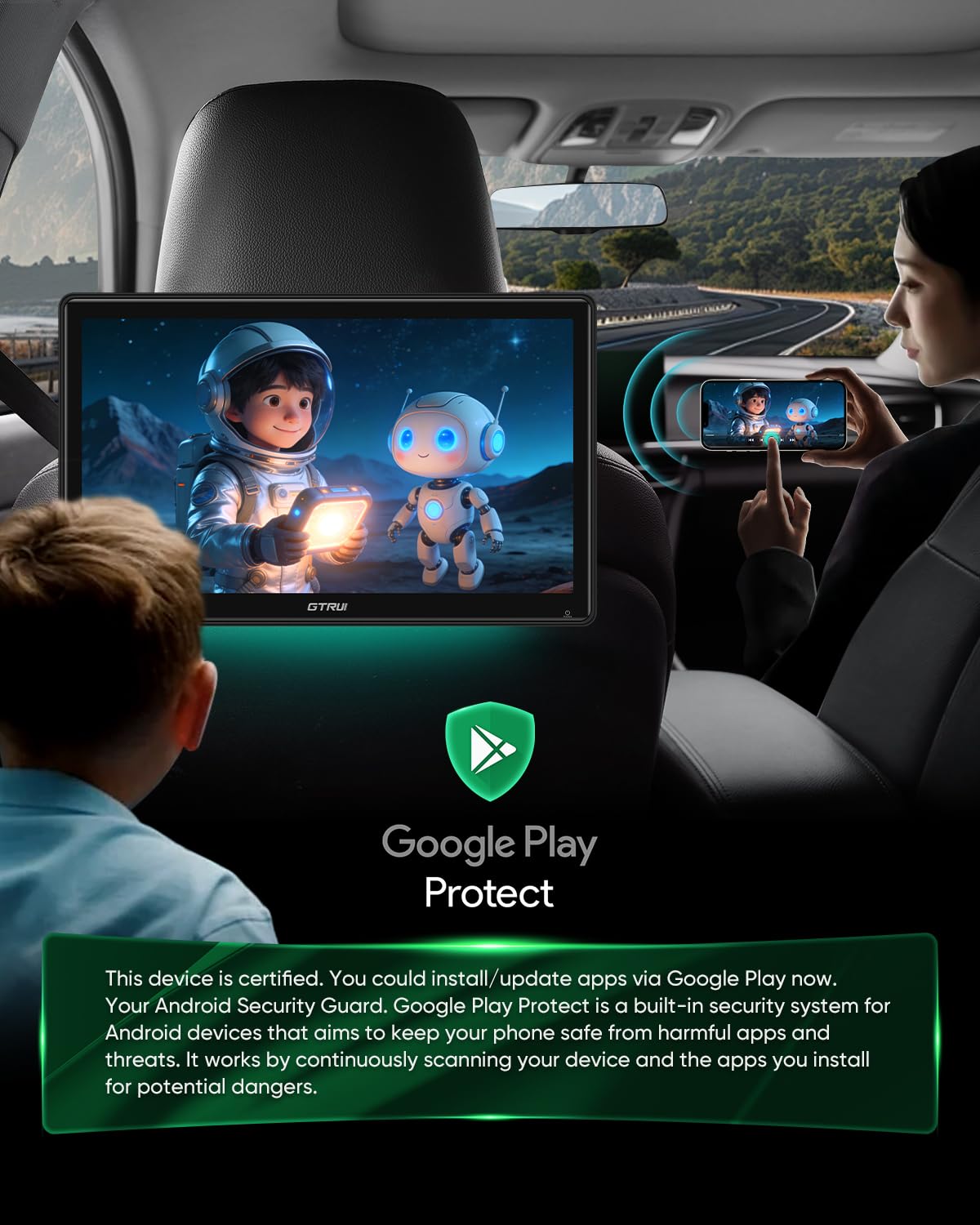 Monitor de Coche GTRUI Android 4K 15,6 Pulgadas con Sistema de Entretenimiento Trasero Compatible con Teléfono Inalámbrico Mirror