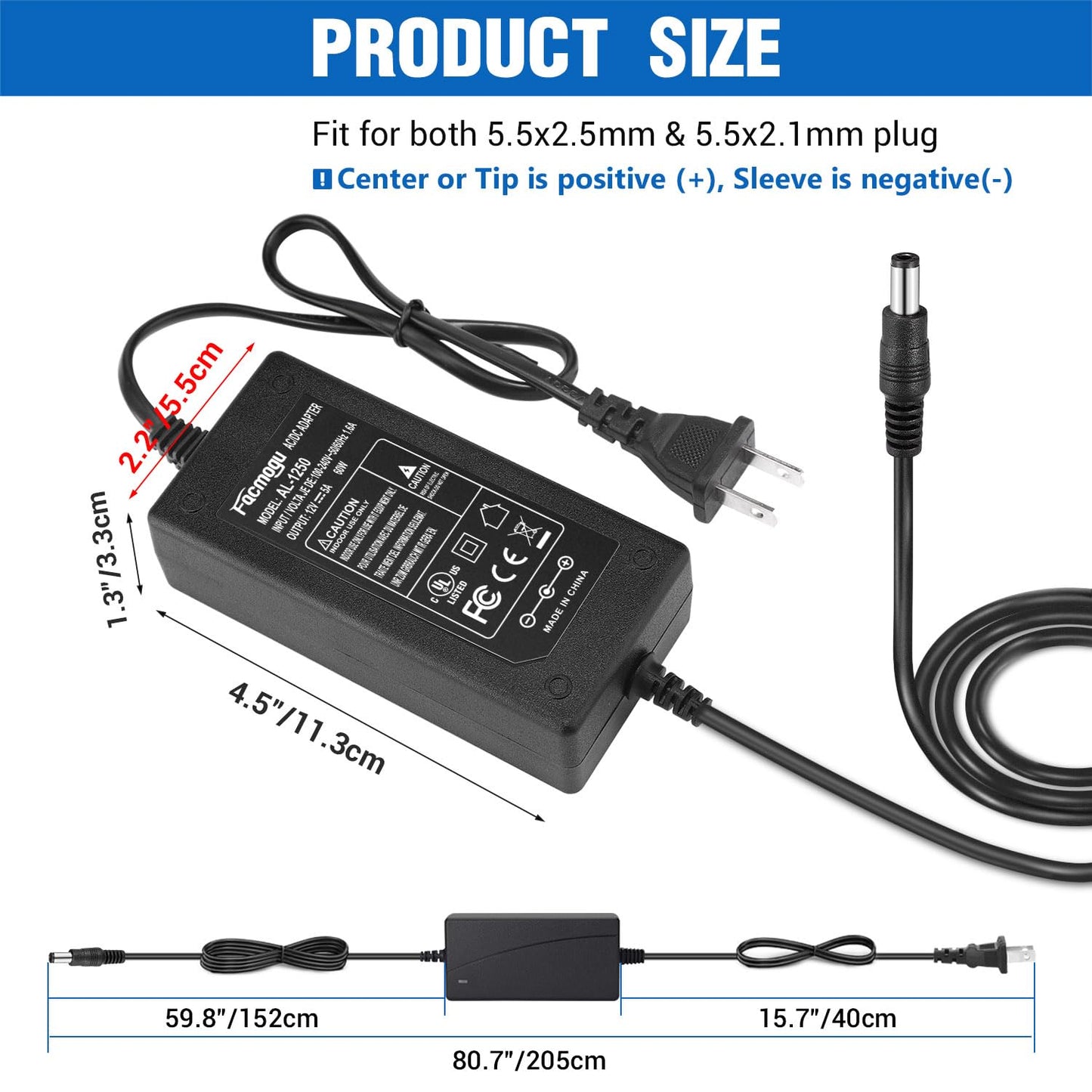 12V 5A Power Adapter AC 100-220V to DC 60W Power Supply US Plug Switching PC Power Cord for LCD Monitor LED Strip Light DVR NVR Security Cameras System CCTV Accessories