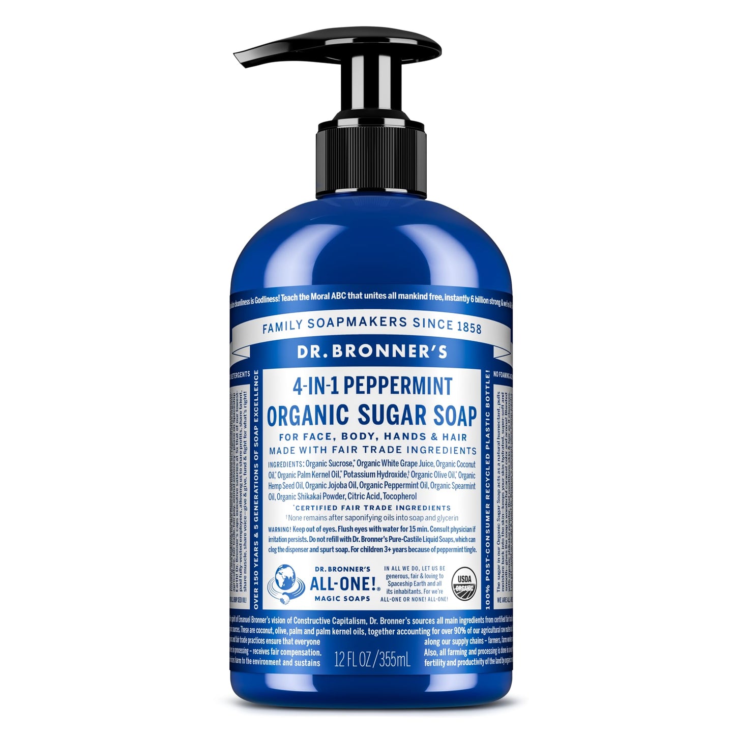 Dr. Bronner's | Jabón de azúcar orgánico líquido, fórmula hidratante y vegana para manos, cuerpo y rostro - Menta, 355 ml