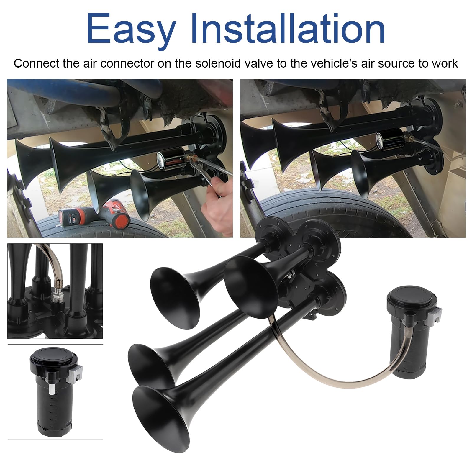 DriSentri - Kit de bocinas de tren, 4 trompeta, bocinas de tren superfuertes de 12 V 185 dB para camionetas, cuatro bocinas de aire de trompeta con compresor para vehículos, camiones, camionetas,