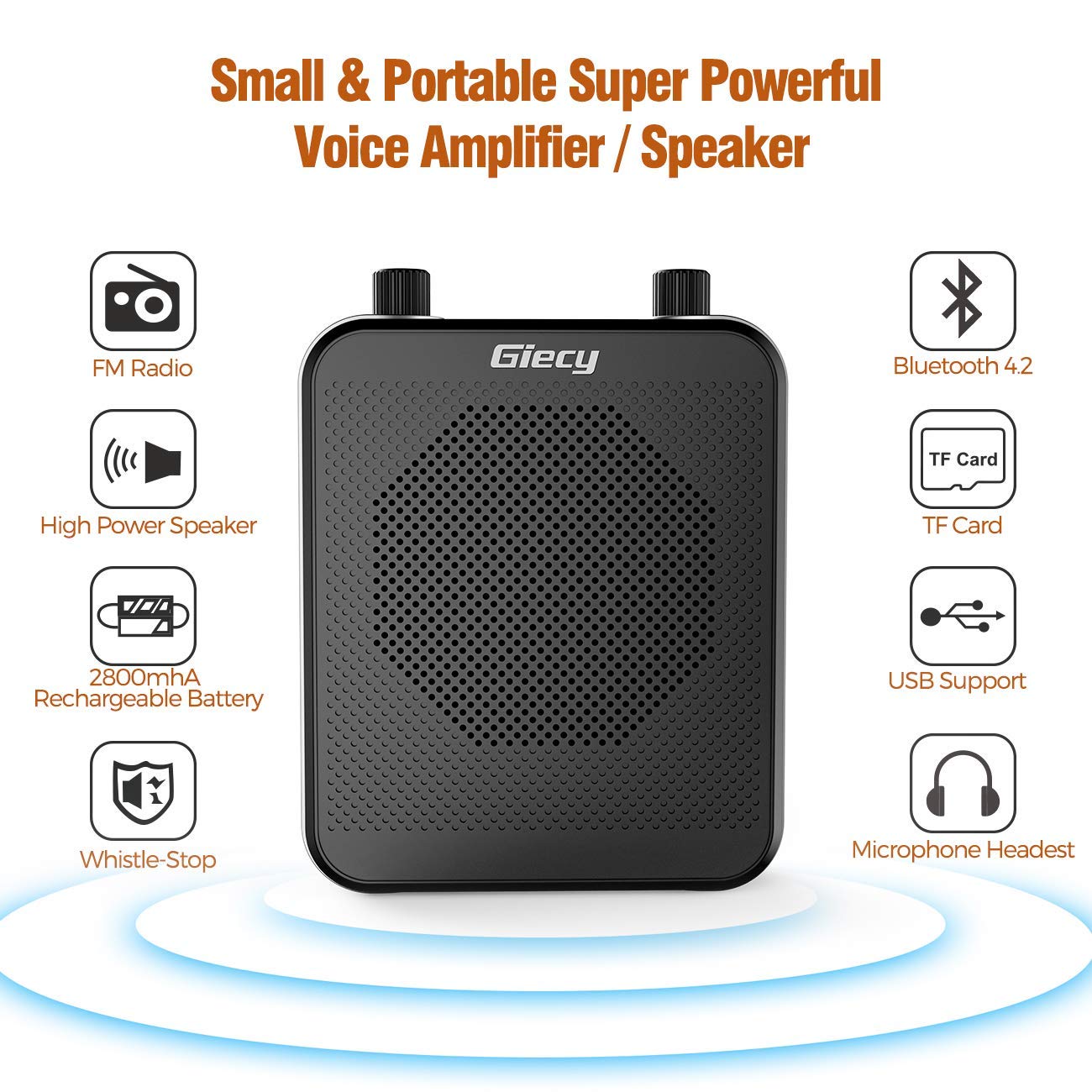 Giecy - Amplificador de Voz Personal, Amplificador de Voz portátil, 30 W, 2800 mAh, Sistema PA Recargable para múltiples ubicaciones, Aula, reuniones y Exteriores