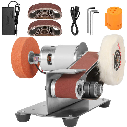 NuoDunco Mini lijadora de correa 3 en 1, afilador de cuchillos de 15 grados, lijadora de banco eléctrica, pulidora con 7 velocidades ajustables para bricolaje y manualidades en metal, madera