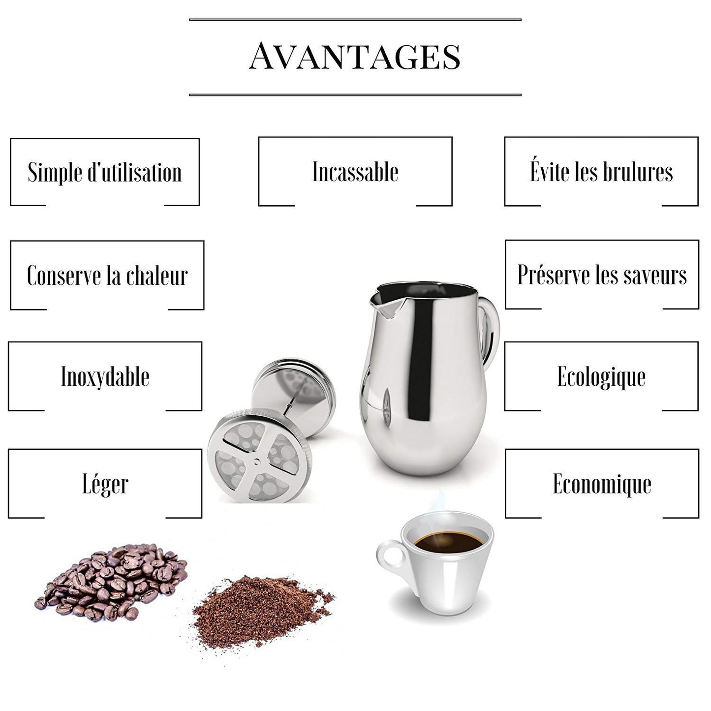 Cafetera de Pistón VeoHome Acero Inoxidable Irrompible 1 Litro