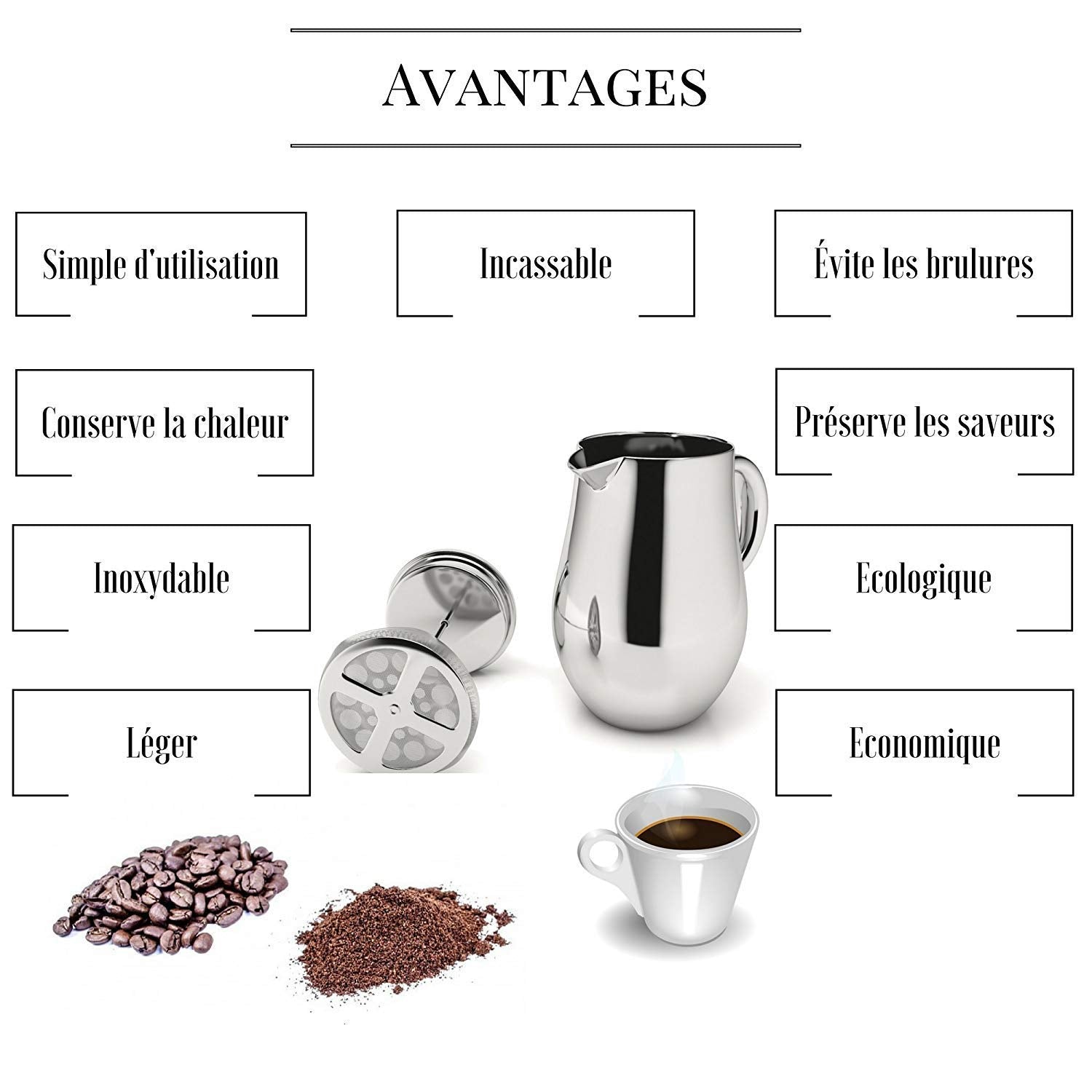 Cafetera de Pistón VeoHome Acero Inoxidable Irrompible 1 Litro