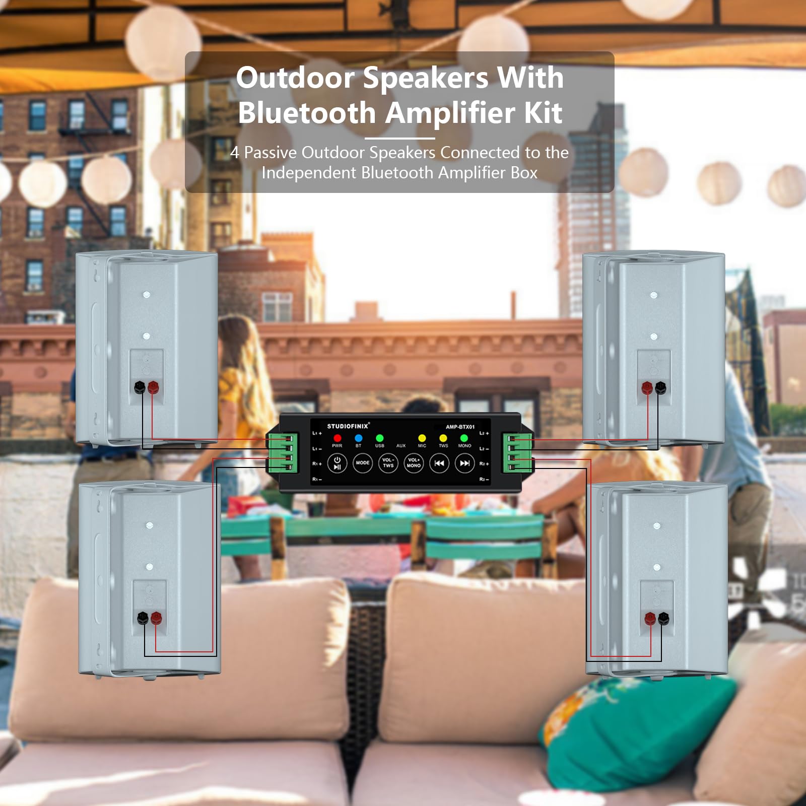 STUDIOFINIX 800W 6.5 Inch Bluetooth Altavoces de Exterior con Amplificador Multifuncional Sistema de Altavoces de Pared Resistente a la Intemperie para Patio Jardín Piscina Casa (4 Altavoces)