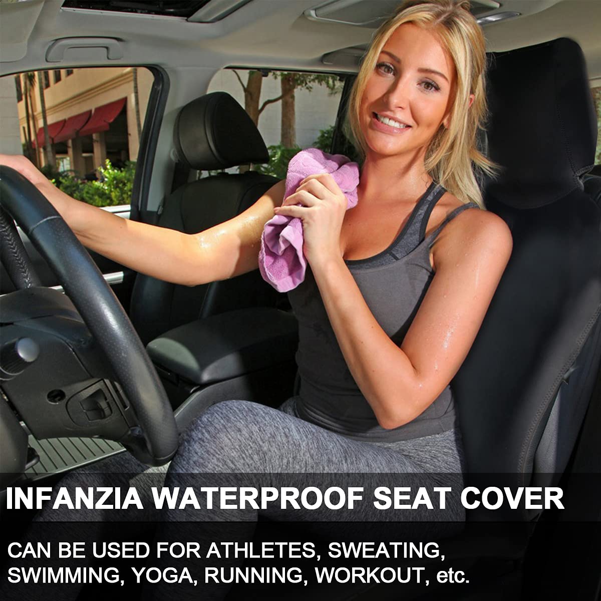 INFANZIA - Funda de asiento impermeable de alta calidad, de neopreno, ajuste universal, 100% lavable y extraíble, antideslizante, ideal para gimnasio, yoga, entrenamiento (negro, 1 unidad