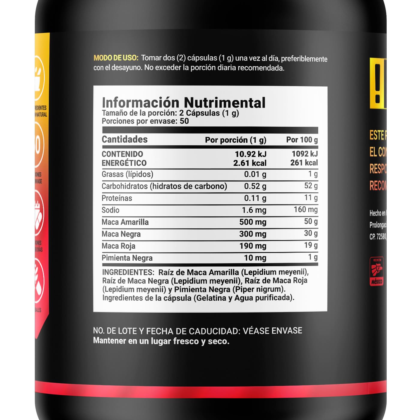 Complejo de Maca 100 Cápsulas 1000 mg por porción. Maca Amarilla, Negra, Roja y Pimienta Negra. Ingredientes naturales. Maca Blend B Life.