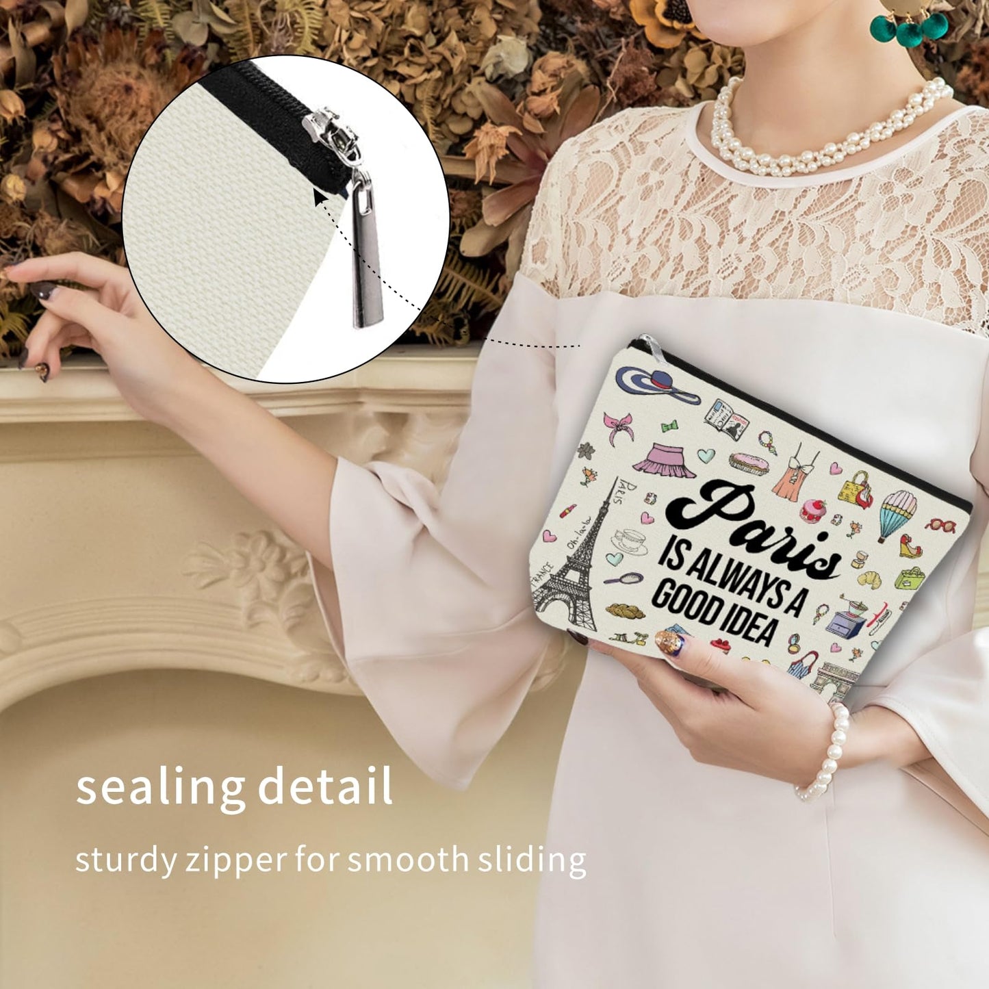 Regalo de viaje inspirado en las niñas: bolsa de maquillaje para adolescentes y mujeres viajeras. Bolsa de cosméticos de regalo ideal para viajes, fiestas, cumpleaños y Navidad, Blanco apagado, París
