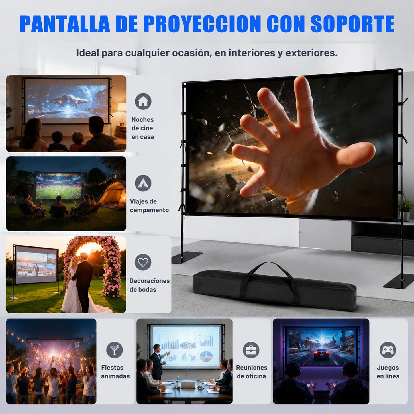 UDUEUD Pantalla para Proyector de 100 Pulgadas，Pantalla de Proyección de Alta Definición 4K，Soporte de Acero Mejorado, con Soporte, Proyección Doble Cara, para Hogar, Exterior, Bodas y Reuniones