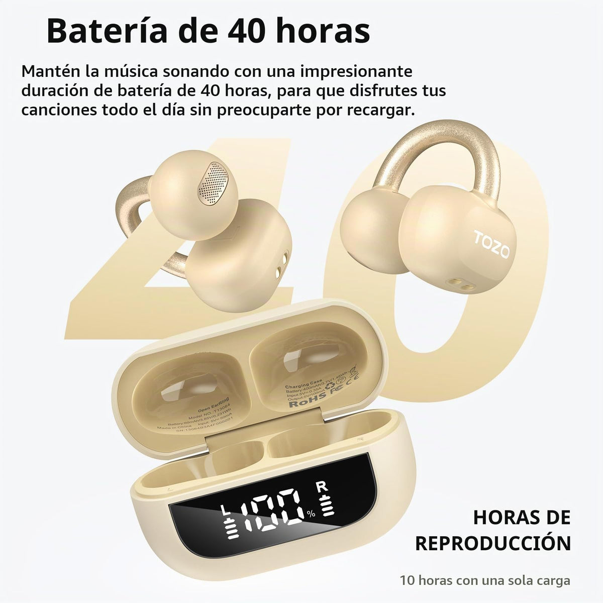 Auriculares Inalámbricos TOZO Negro con Clip de Oído y Visualización Digital Inteligente 40H Play Bluetooth 5.4 para Mujer