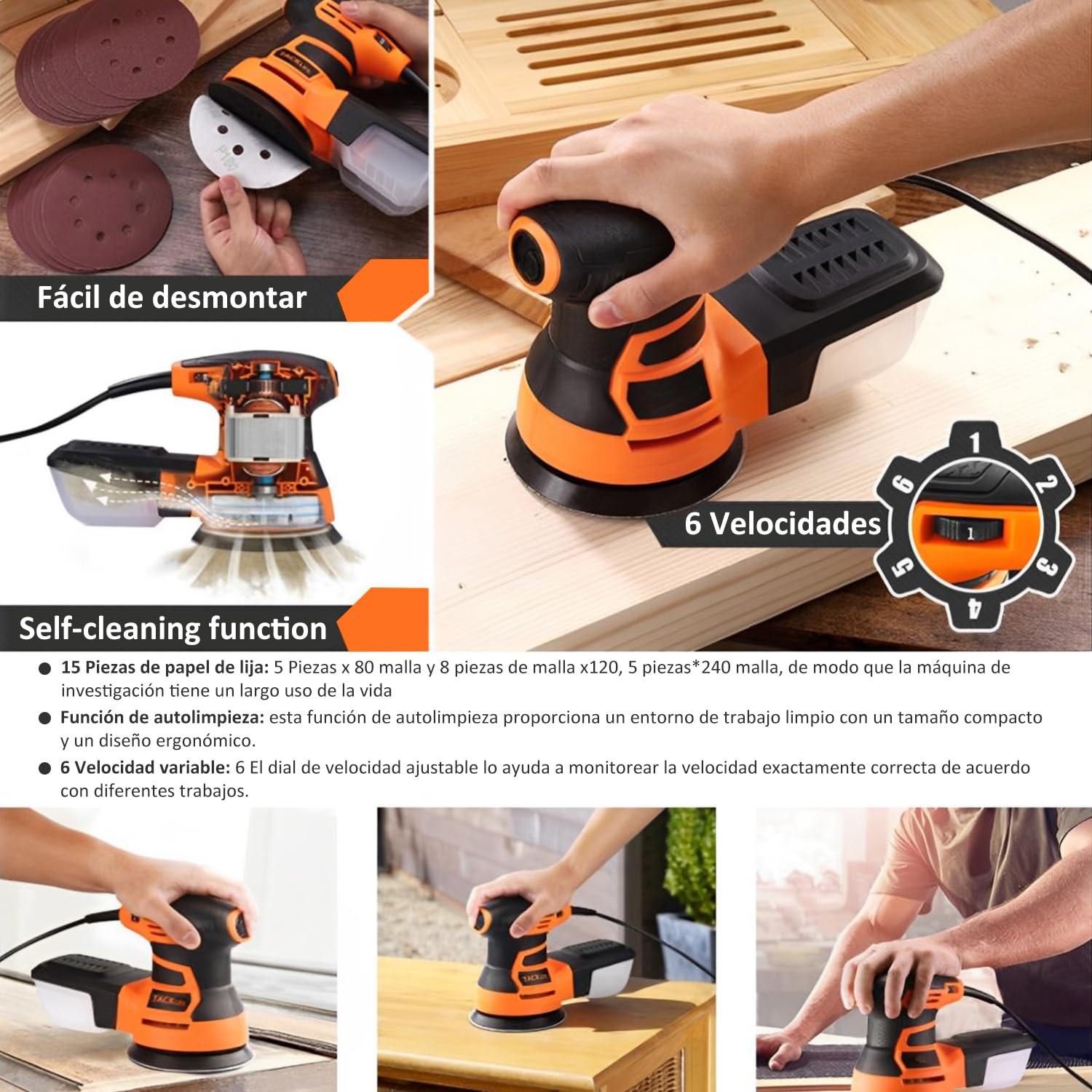 Lijadora Orbital Aleatoria RAMSPIT 2.8A 350W con Caja de Polvo Ciclónica y 15 Hojas de Lijado