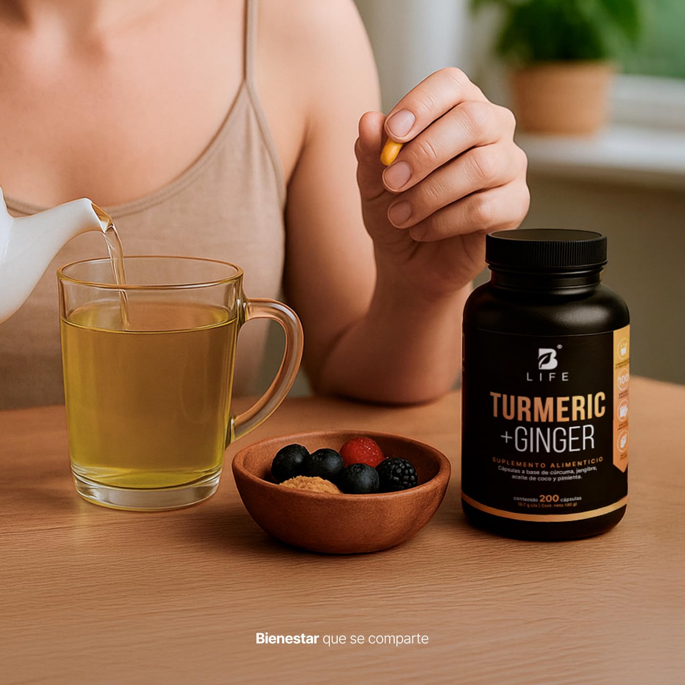 B Life Cúrcuma Con Jengibre y Aceite De Coco | 200 Cápsulas | 1400 mg por porción | Adicionado con Pimienta Negra | Turmeric + Ginger.