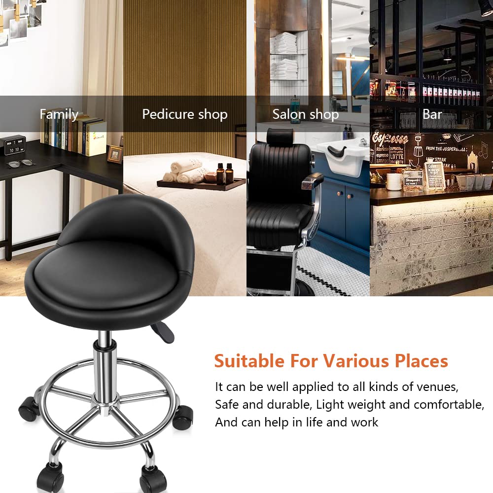 KKTONER Taburete de Cuero Artificial con Respaldo Giratorio Taburete con Ruedas de Altura Ajustable con Ruedas para Pintar Tatuaje Masaje SPA Tienda Taburete de Trabajo con Pedal (Negro)
