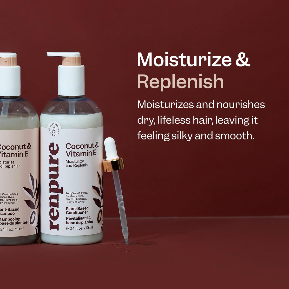 RENPURE Acondicionador profundo de coco y vitamina E a base de plantas para cabello seco y dañado, sin sulfatos, sin parabenos y seguro de color - Acondicionador hidratante de coco natural