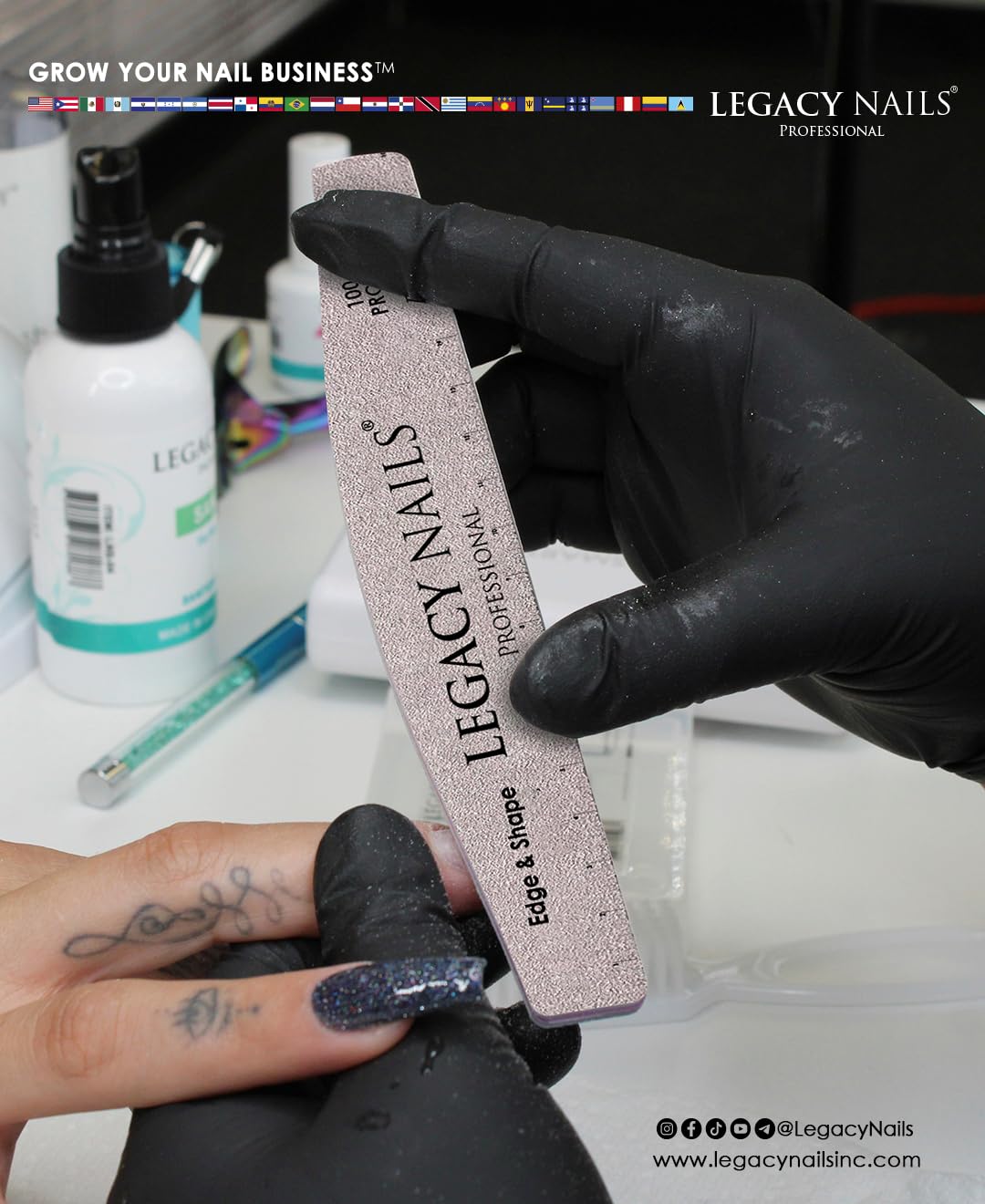 LEGACY NAILS- Legacy Nails 3 en 1 - Lima de uñas con esponja en forma de media luna 100/180 para pulir y dar forma - Lima de uñas Pro Zebra 100/100 Ed