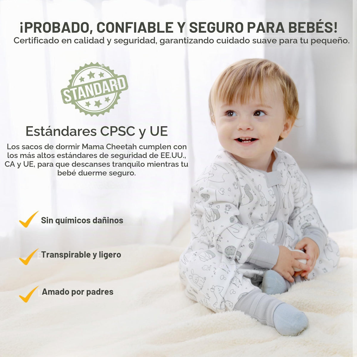 Saco de Dormir para Niños con Pies de Mama Cheetah, Saco de Dormir de Manga Larga 0.5 TOG de Algodón Orgánico para Bebés con Patas, Manta Portátil para Caminantes con Cremallera de 2 Vías, Manta para
