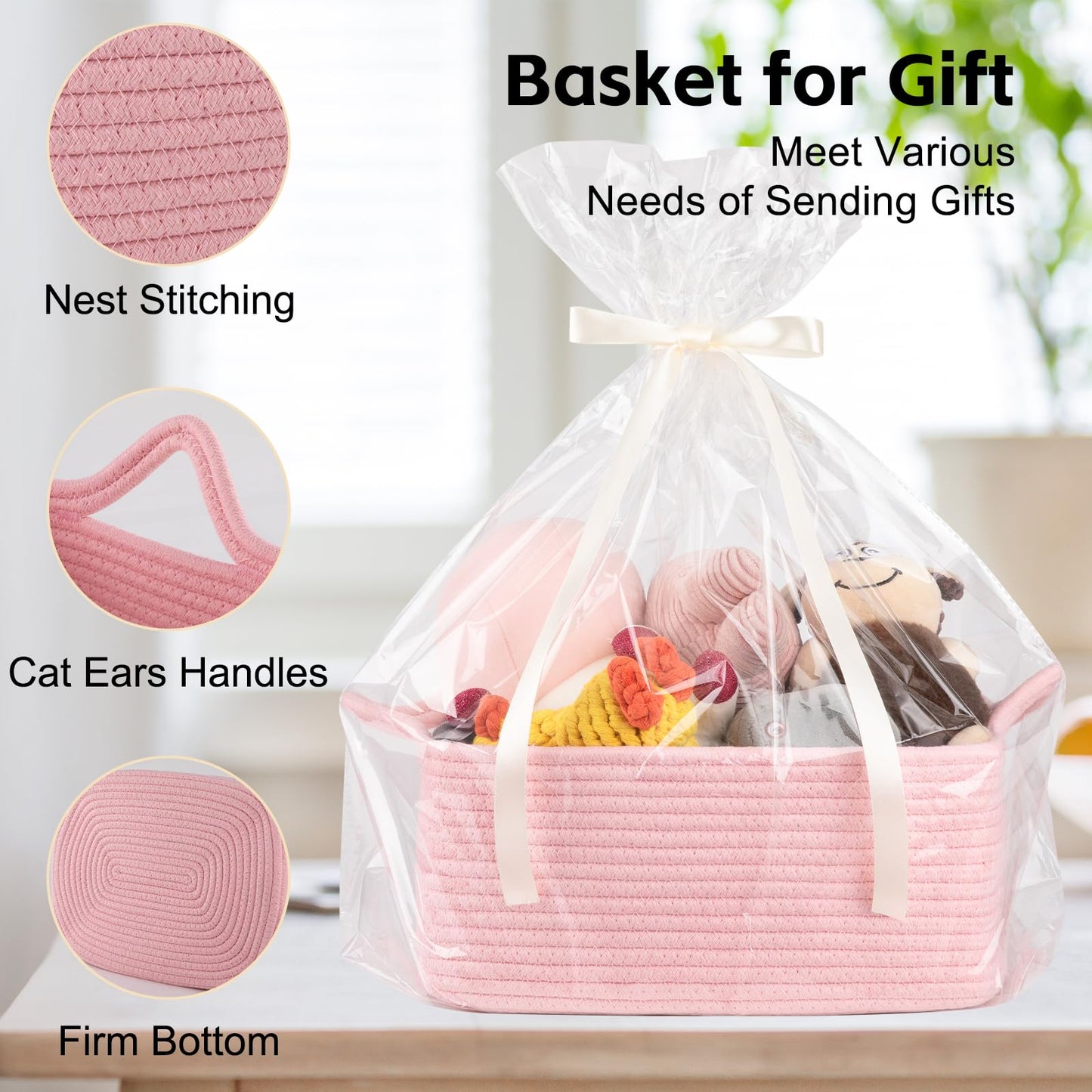 OIAHOMY Cesta tejida, cesta de regalo vacía con bolsas de regalo y cintas, cestas de cuerda para baby shower, cestas de almacenamiento con asas para guardería, organizador de juguetes para mascotas