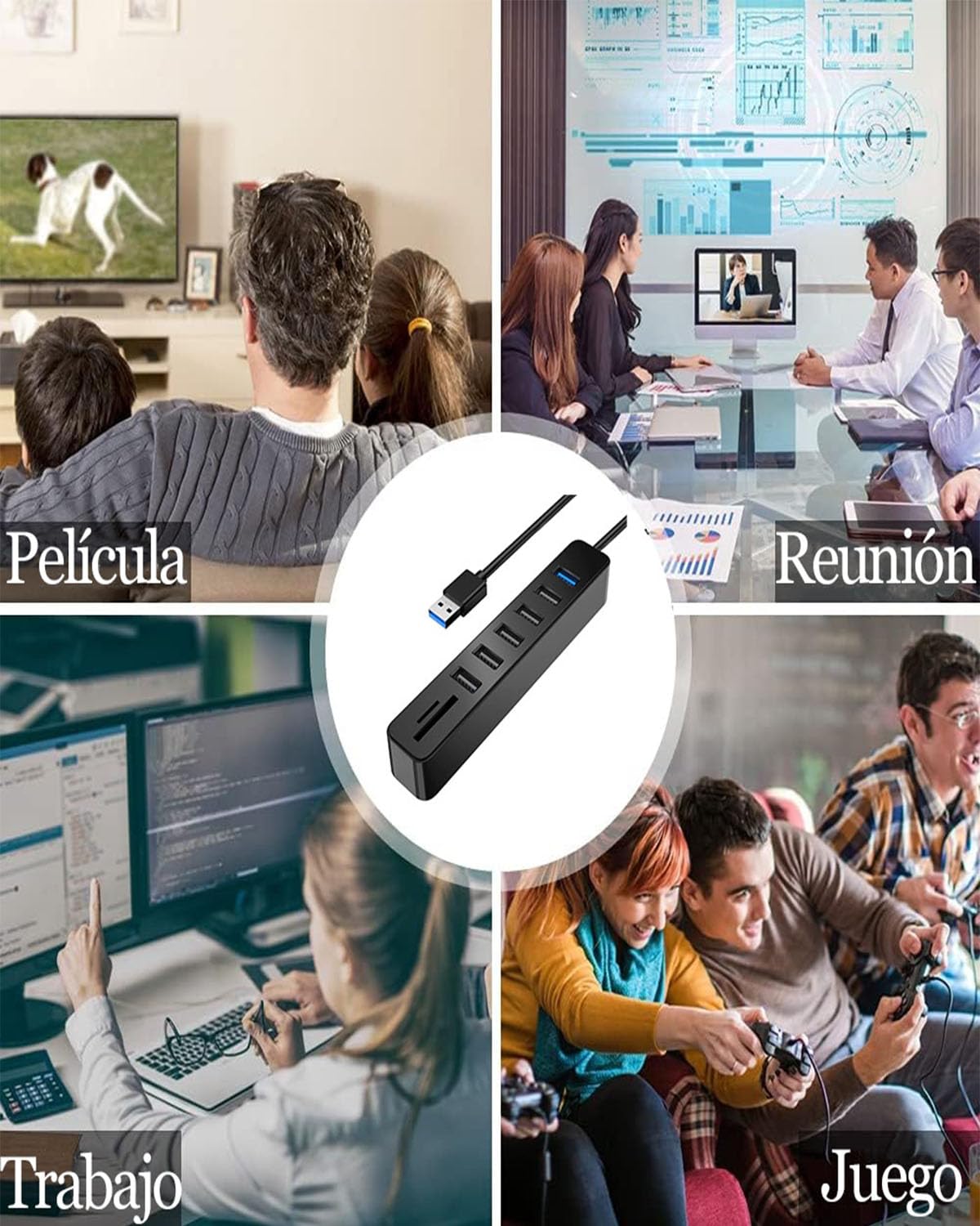 Hub USB 2.0, Multicontacto USB con 6 Puertos USB Incluyendo Lector de Tarjetas de 2 Solts SD/TF (Micro SD), 8 en 1 Conector Múltiple USB Adaptador Extensión Splitter para PC, Portátil, MacBook Pro/Air
