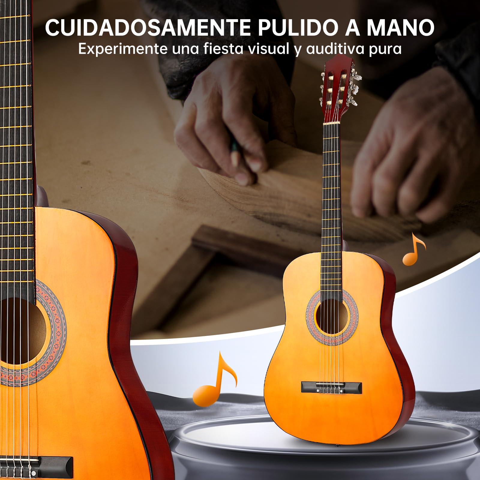 Guitarra Clasica 38 Pulgadas, Guitarra Acústica Bamboo, con Funda, Kit de Accesorios Incluido, para principiantes, Naranja