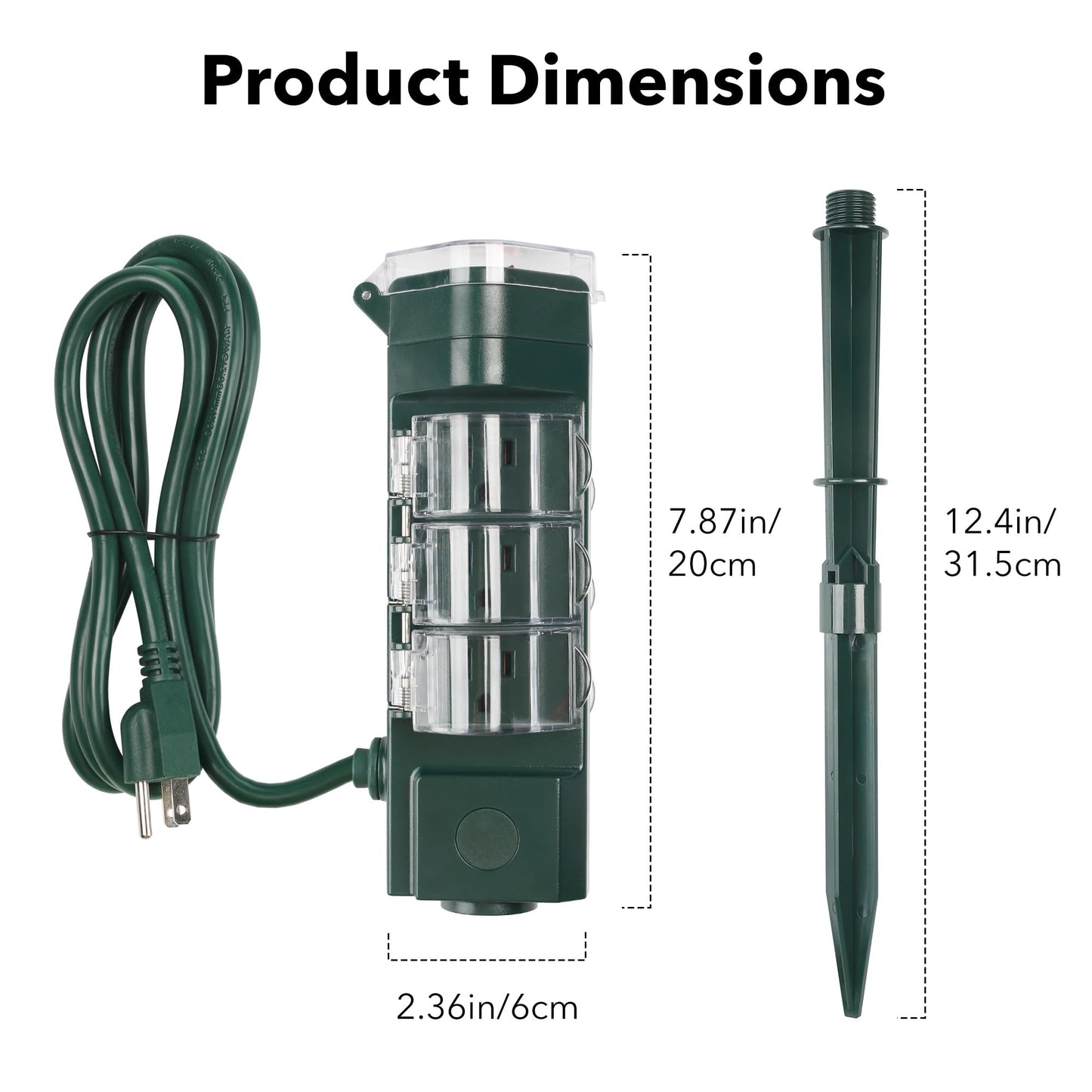 HBN Regleta Exterior con Estaca y Cable de Extensión de 6 pies, Múltiples Tomas con 6 Enchufes a Tierra, Cable Impermeable para Luces de Navidad y Exteriores, Certificación ETL