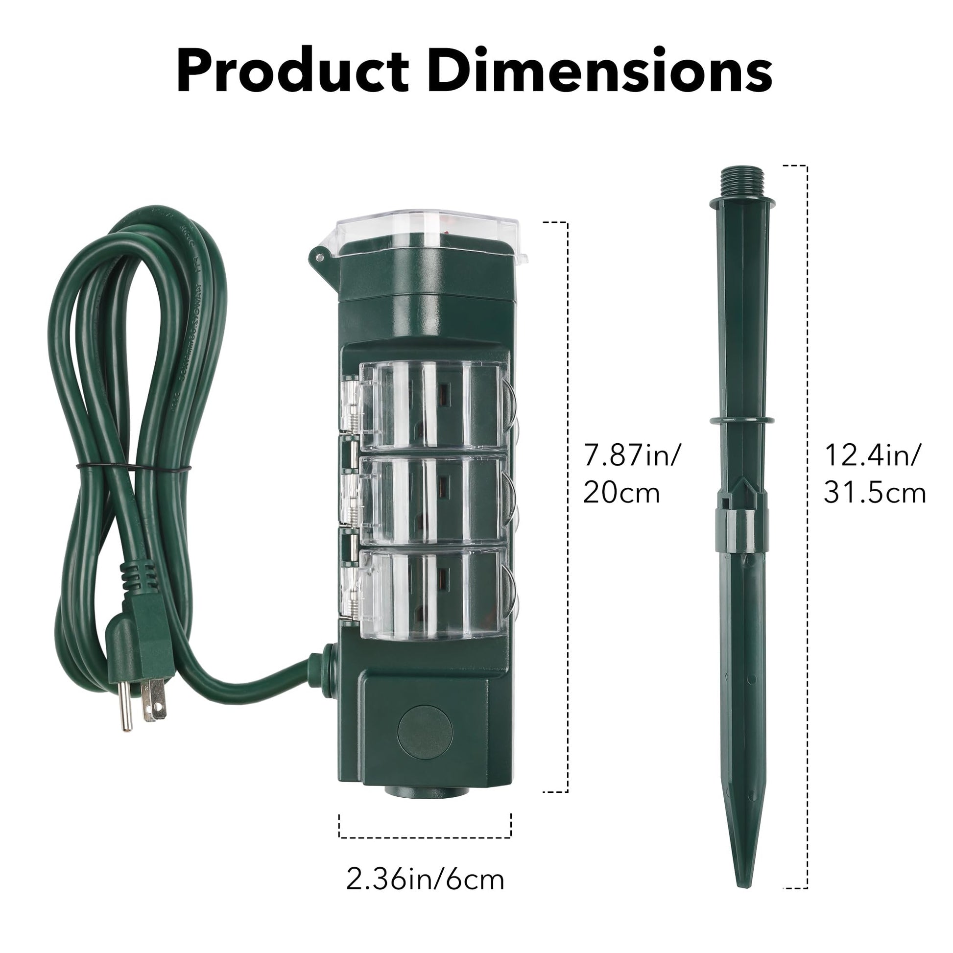 HBN Regleta Exterior con Estaca y Cable de Extensión de 6 pies, Múltiples Tomas con 6 Enchufes a Tierra, Cable Impermeable para Luces de Navidad y Exteriores, Certificación ETL