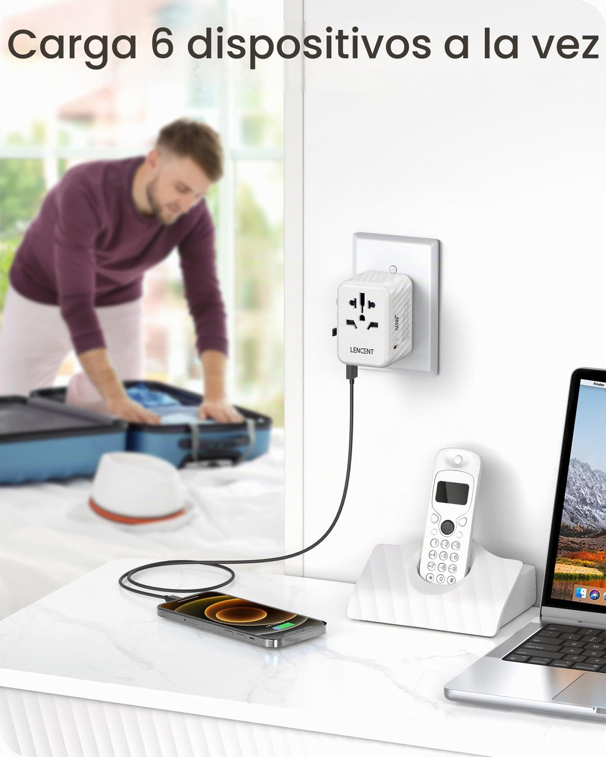 Adaptador Universal de Viaje LENCENT Blanco Cargador Rápido Internacional