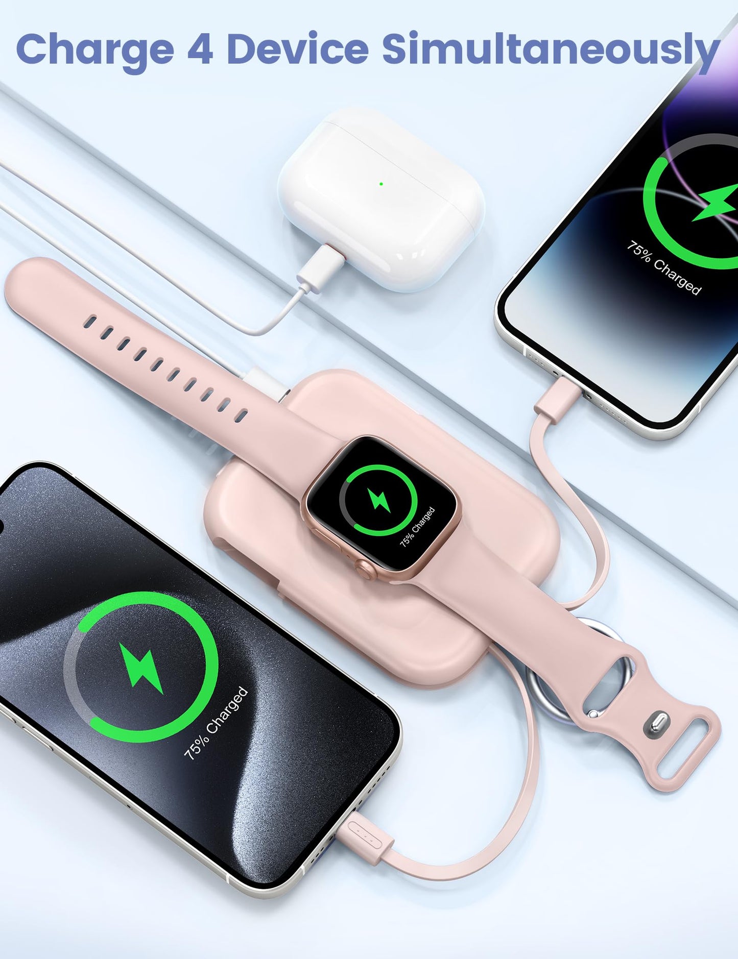 Power Bank RORRY Rosa 5000mAh con Cables Integrados para iPhone y Apple Watch