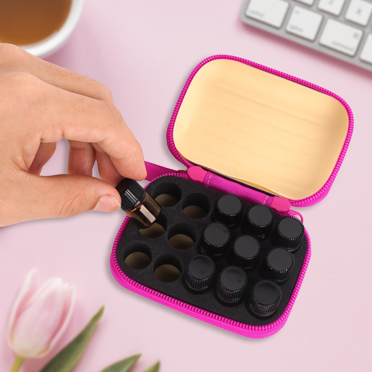 Biiange - 2 mini estuche para botellas de aceite esencial, caja de almacenamiento de aceite esencial, con 30 botellas de aceite esencial de 1 ml, para hogar, exteriores, aromaterapia de viaje (15