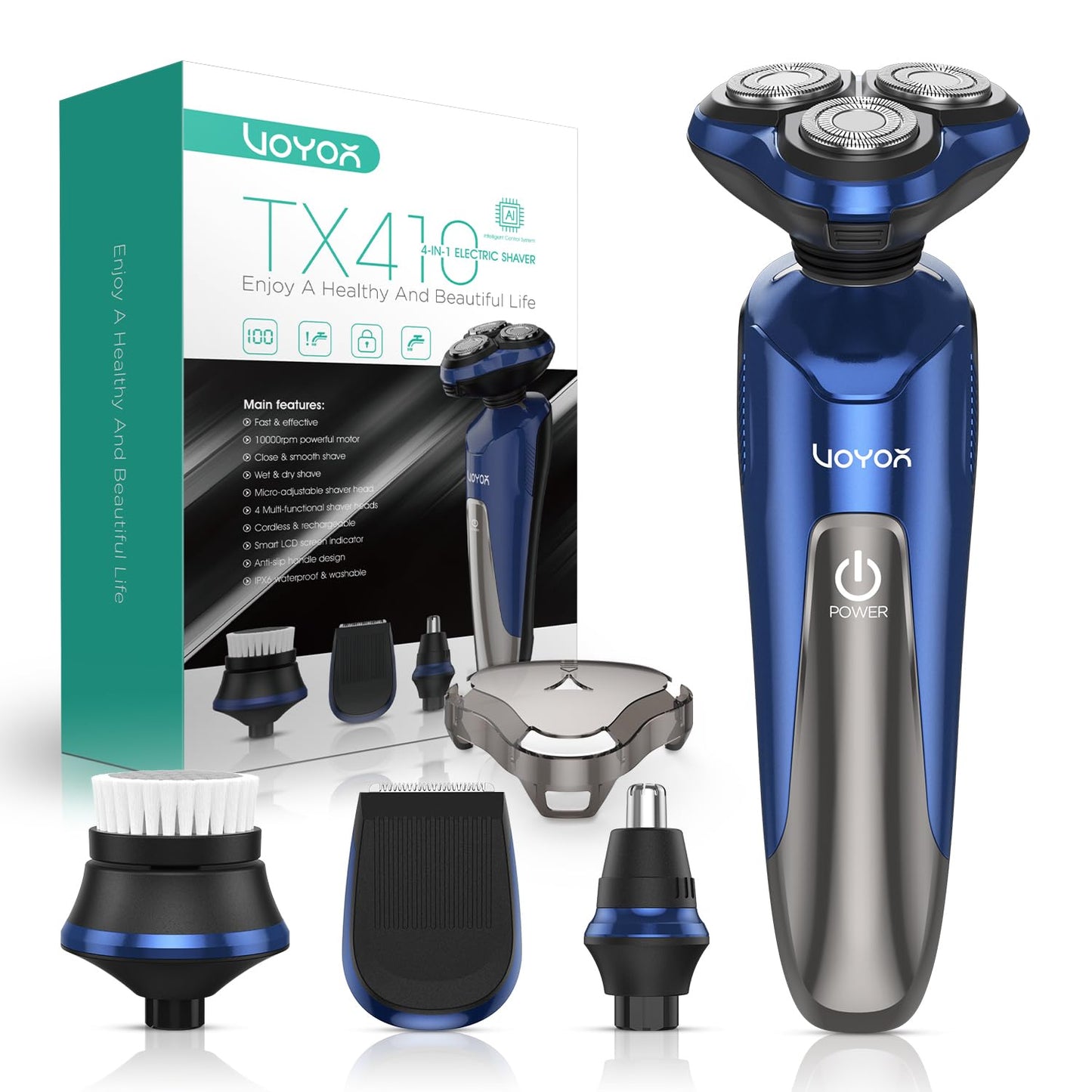 VOYOR - Maquinilla de afeitar eléctrica recargable para hombre, rotatoria 3D para hombre, máquina de afeitar 4 en 1, kit de afeitado para nariz, pantalla LCD húmeda y seca y bloqueo de viaje, TX410