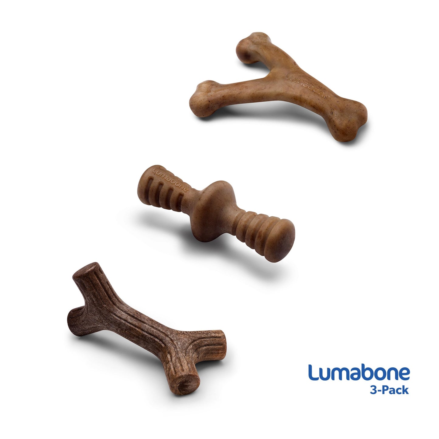 Lumabone Real Bacon - Paquete de 3 Juguetes masticables duraderos para masticadores agresivos, Fabricados en Estados Unidos - Wishbone, Zaggler, Stick