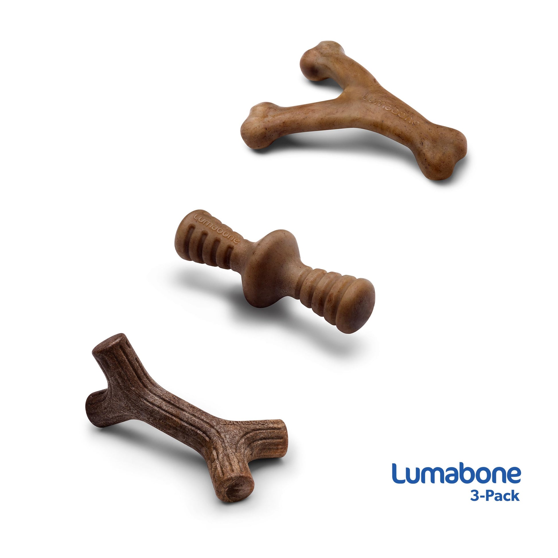 Lumabone Real Bacon - Paquete de 3 Juguetes masticables duraderos para masticadores agresivos, Fabricados en Estados Unidos - Wishbone, Zaggler, Stick