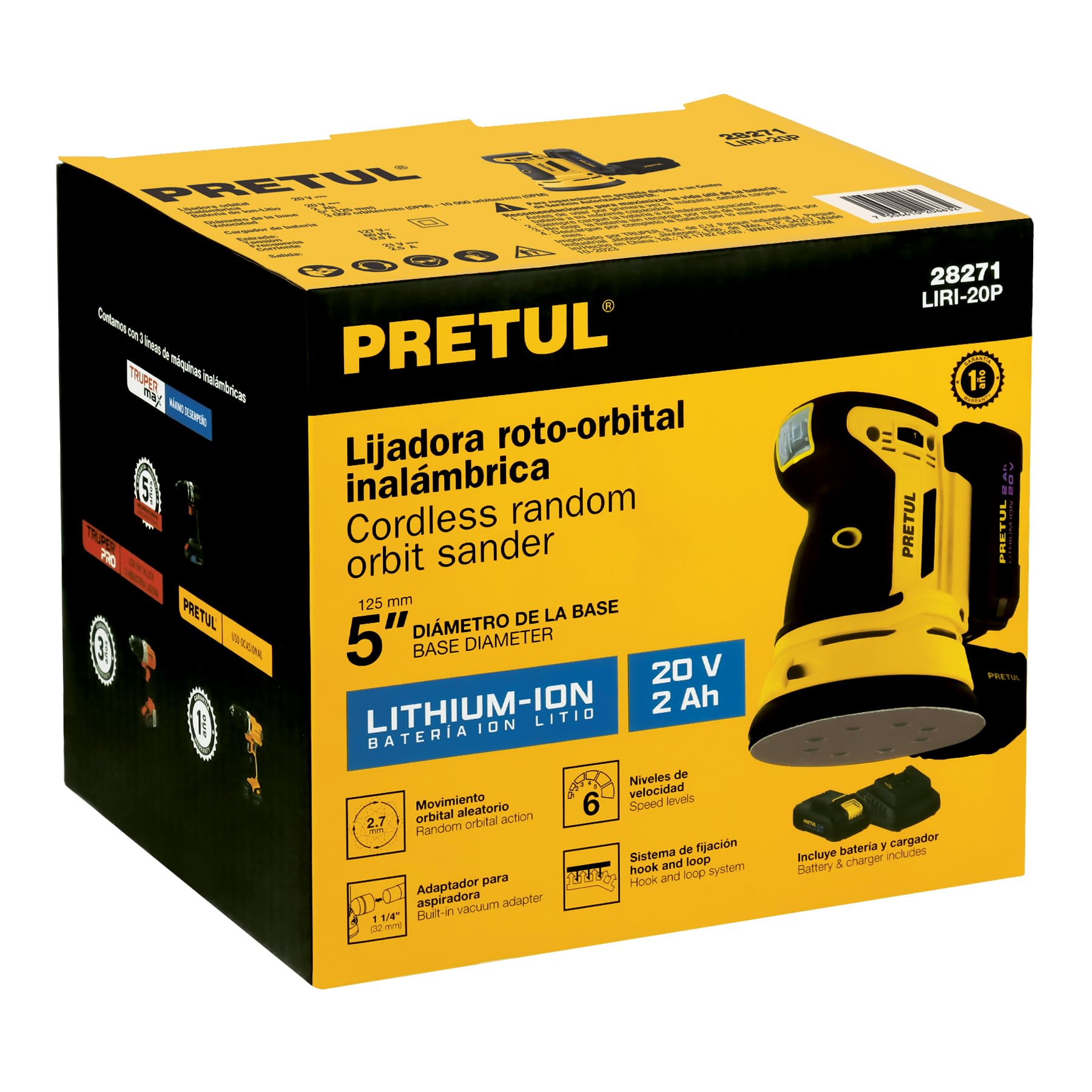 Lijadora Roto Orbital Pretul LIRI-20P Inalámbrica 5 Pulgadas 20V con Batería 2Ah