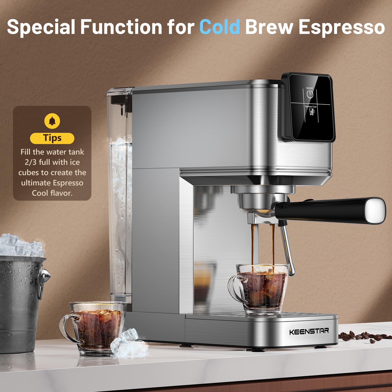 KEENSTAR Máquina de Café Espresso de 20 Barras, Caliente y Helado Con Cerveza Rápida en Frío, Varita de Vapor, Visualización Táctil y Tanque de Agua de 30 Onzas