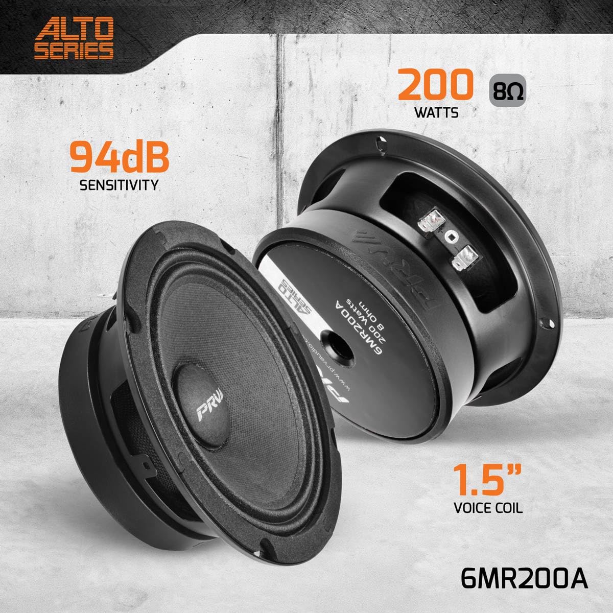 PRV Audio Altavoz de rango medio poco profundo de 6,5 pulgadas, 6MR200A, potencia de programa de 200 vatios, 8 ohmios de montaje superficial para coche, bobina de voz de 1.5 pulgadas, 100 vatios RMS, compacto para puertas (individual)