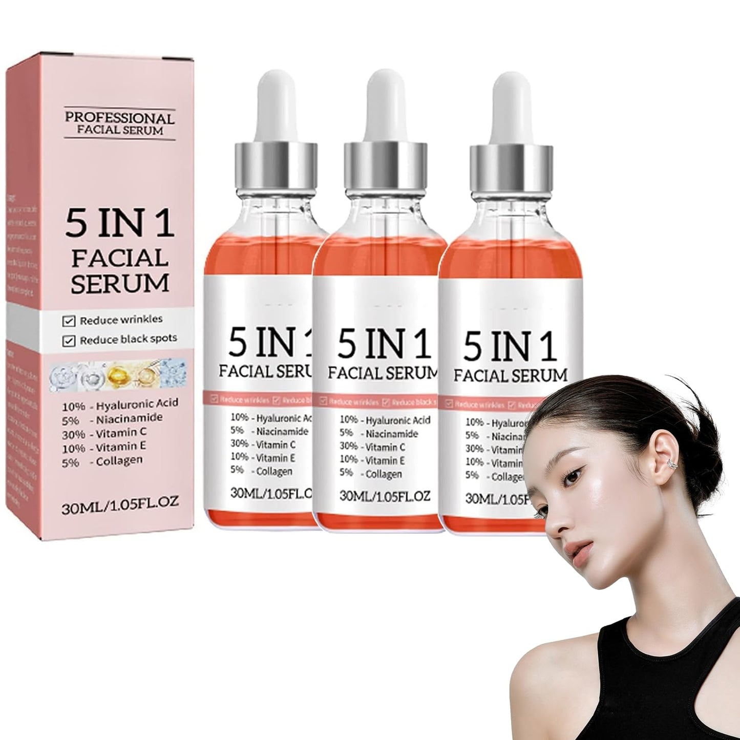 Potente Sérum Facial Antiedad 5 en 1,Suero Facial de Vitamina C con Niacinamida,Serum Facial Antiedad con Colágeno,Serum Facial de Vitamina C con Ácido Hialurónico(3Pcs)