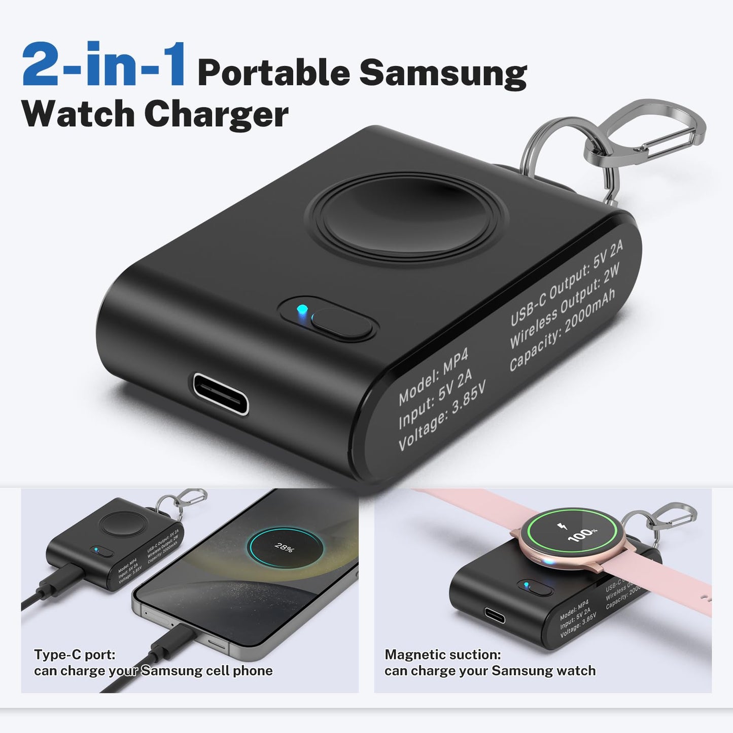 Cargador de Reloj TQTHL Negro 2 en 1 Portátil para Galaxy Watch 7 Ultra y Samsung Gear S3 para Hombre