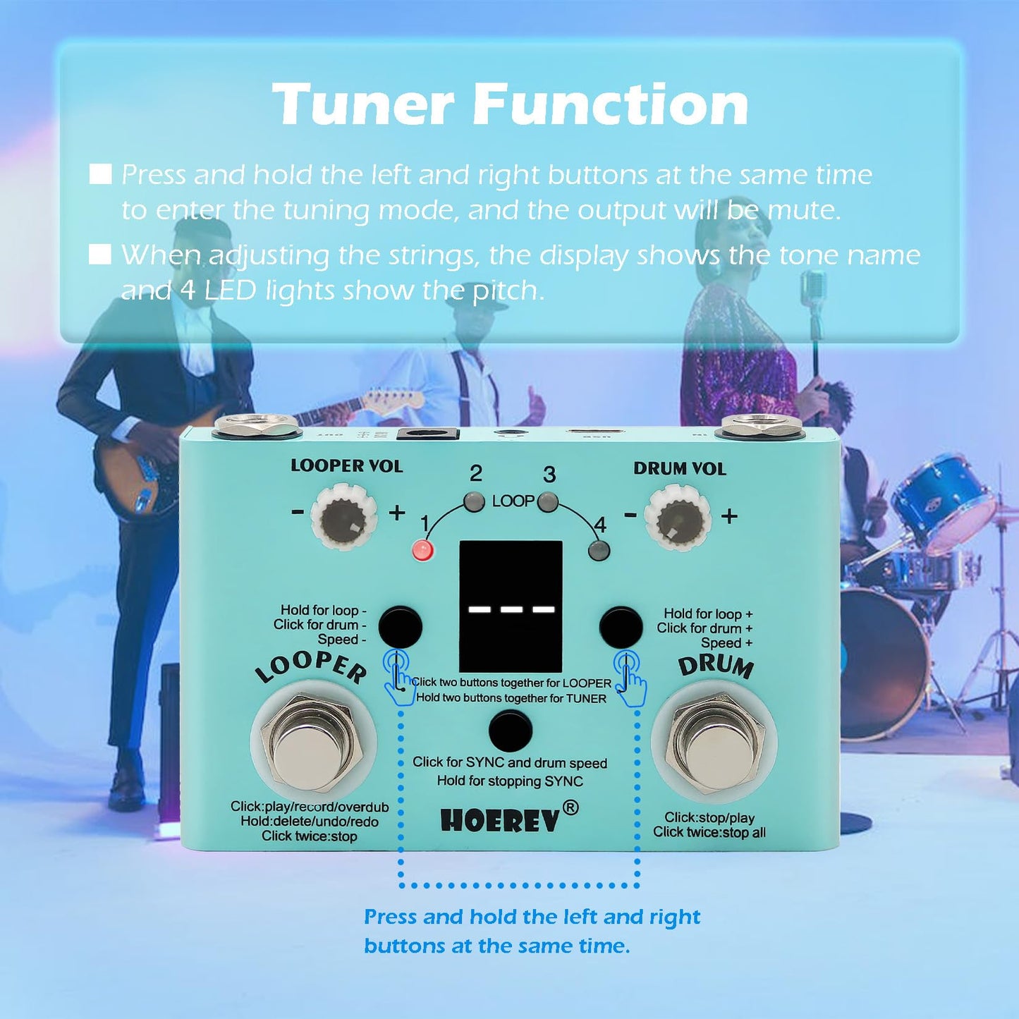 HOEREV Máquina de tambor de guitarra, afinador 3 en 1, pedal de bucle para guitarra eléctrica, pedales de bajo, estación tipo C puede ser puerto de fuente de alimentación