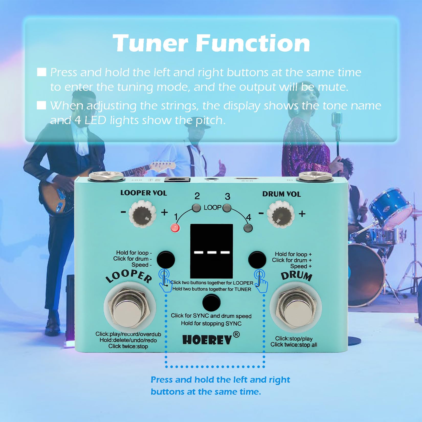 HOEREV Máquina de tambor de guitarra, afinador 3 en 1, pedal de bucle para guitarra eléctrica, pedales de bajo, estación tipo C puede ser puerto de fuente de alimentación