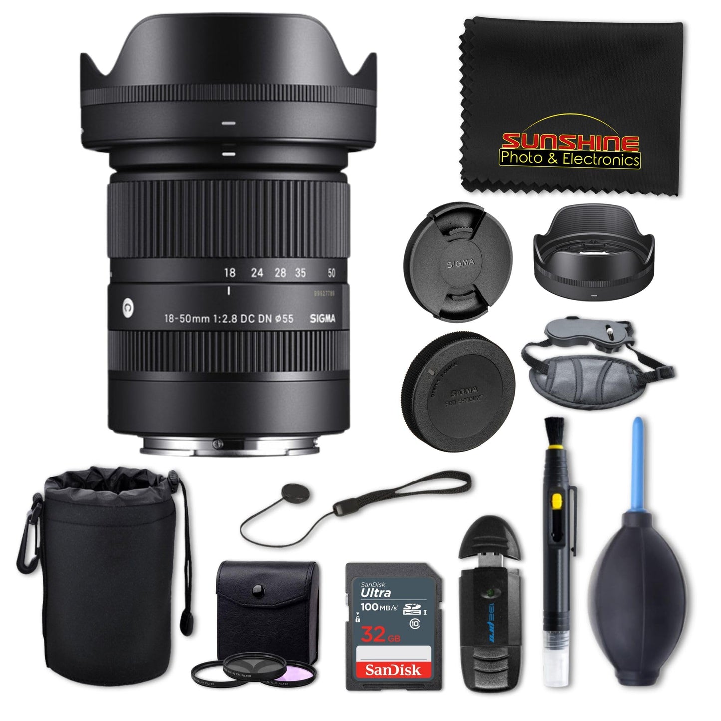 Sigma 18-50 mm f2.8 DC DN Lente contemporánea para Sony E con Sunshine Photo Deluxe Bundle - 4 años de garantía del fabricante de Estados Unidos